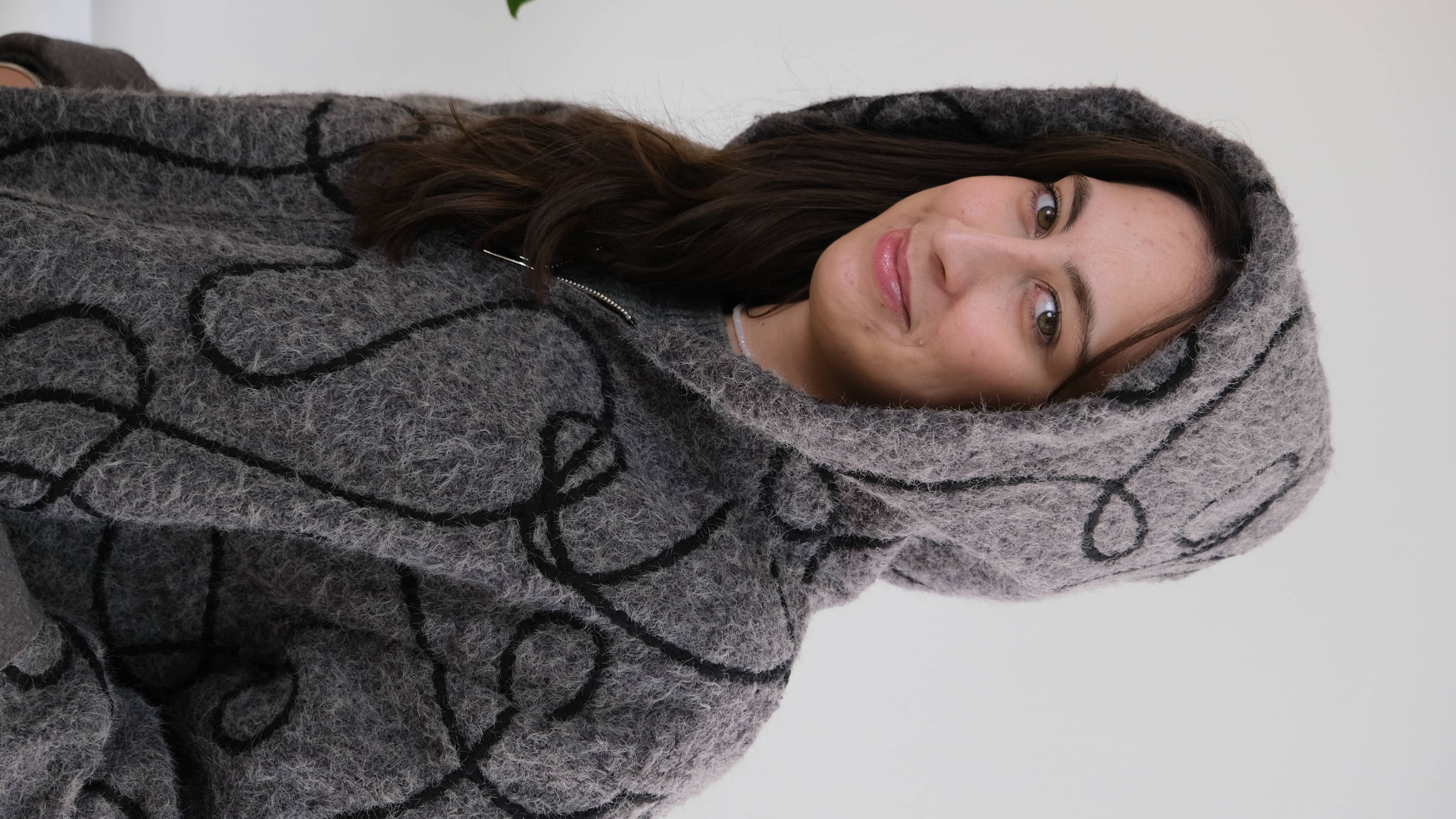 İtalyan Kapüşonlu Halat Çizgili Keçe Uzun Geniş Kalıp Kaban