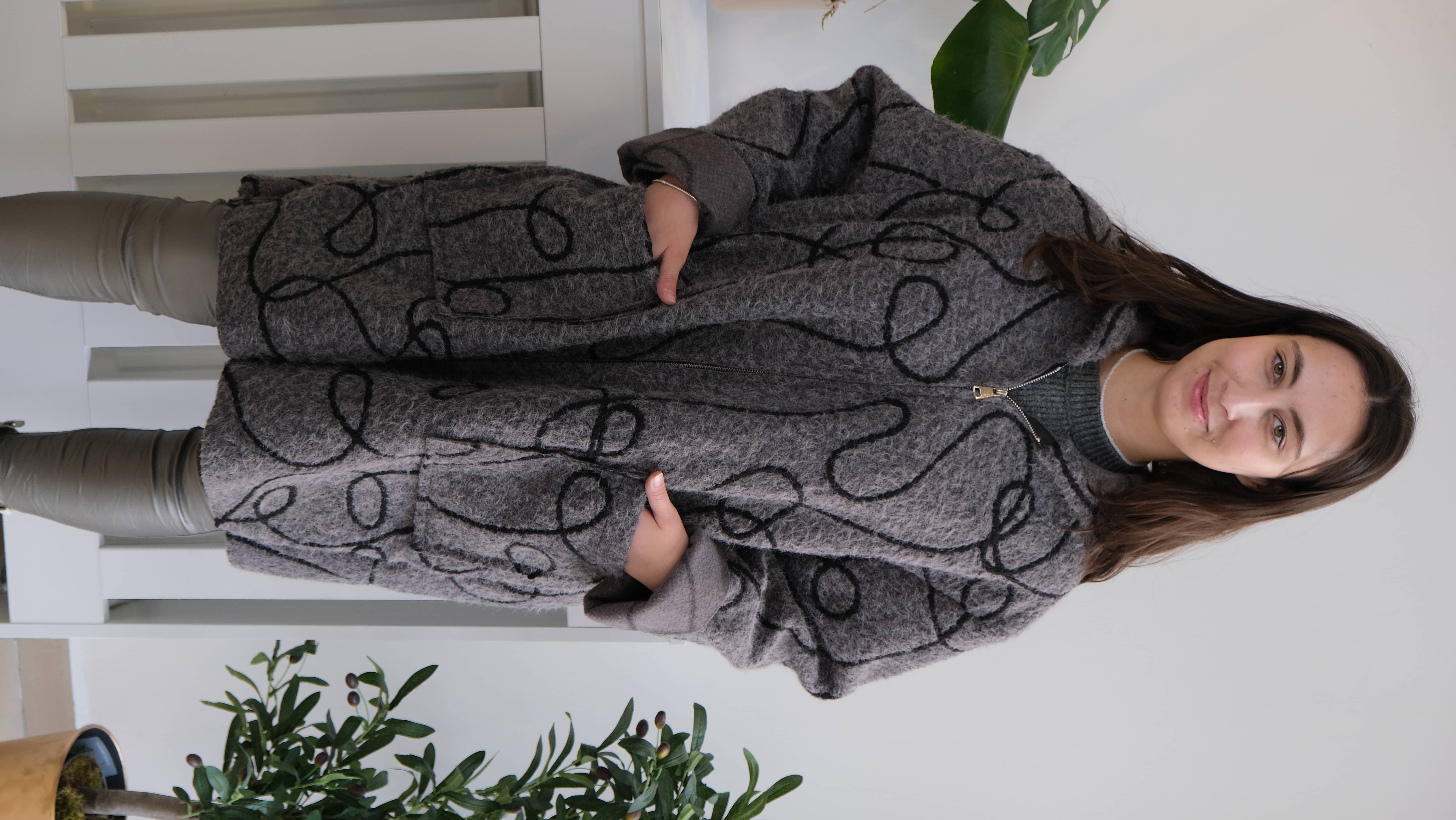 İtalyan Kapüşonlu Halat Çizgili Keçe Uzun Geniş Kalıp Kaban - Gri