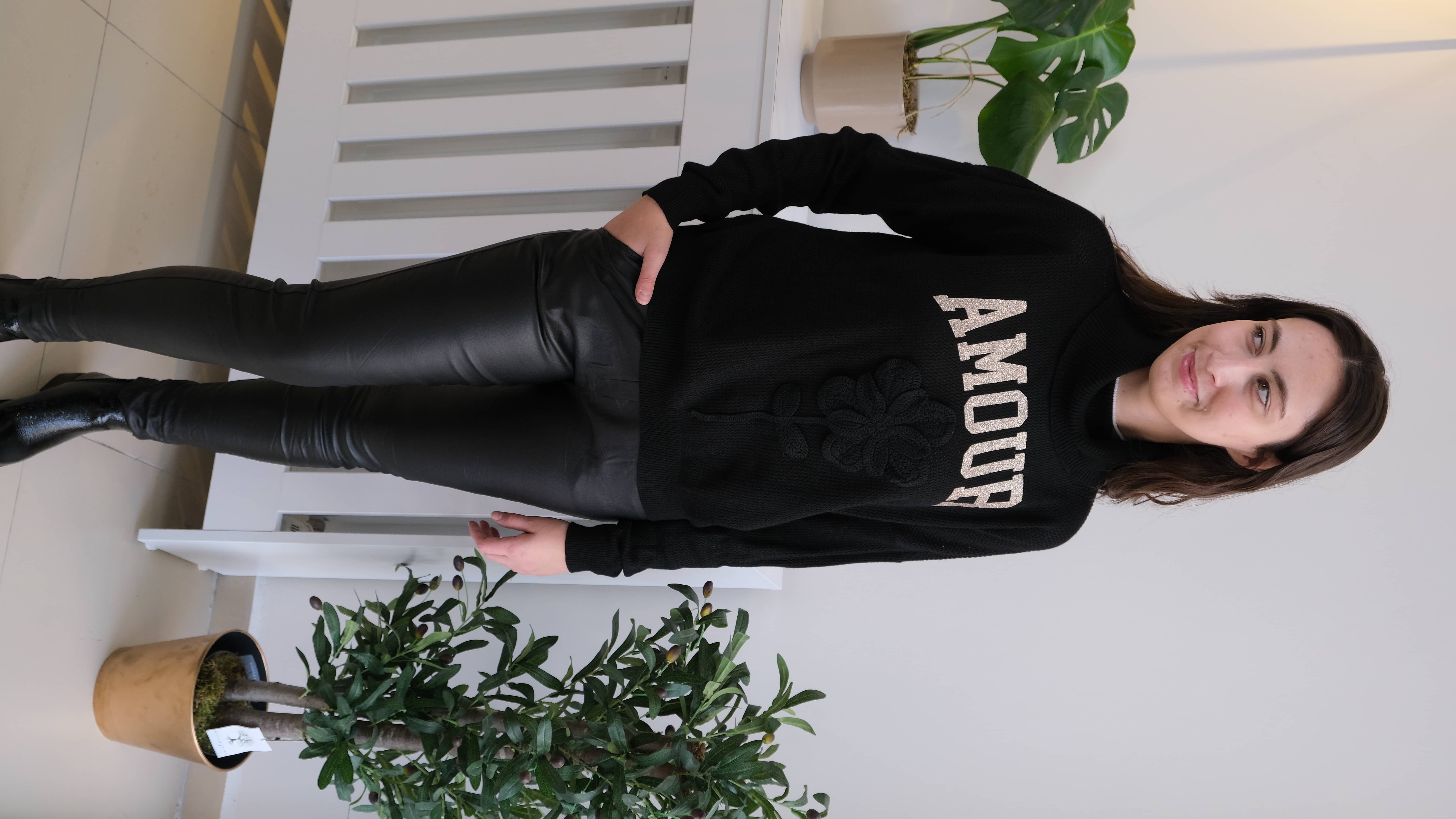 İtalyan Gold Amour Yazılı Gül Kabartmalı Degaje Yaka Triko  - Siyah