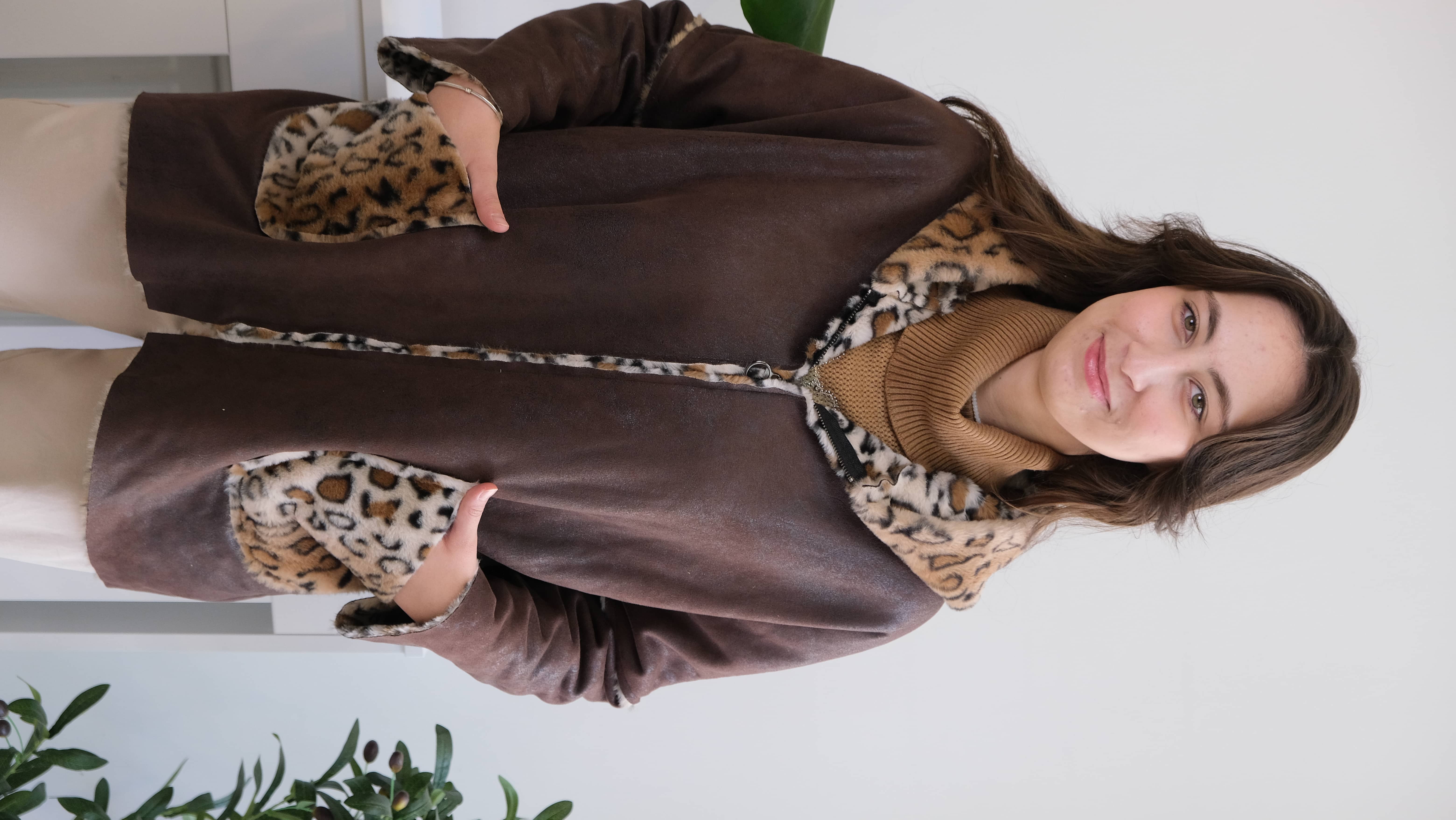 İtalyan İçi Leopar Desenli Cepli Güderi Kaban - Acı Kahve