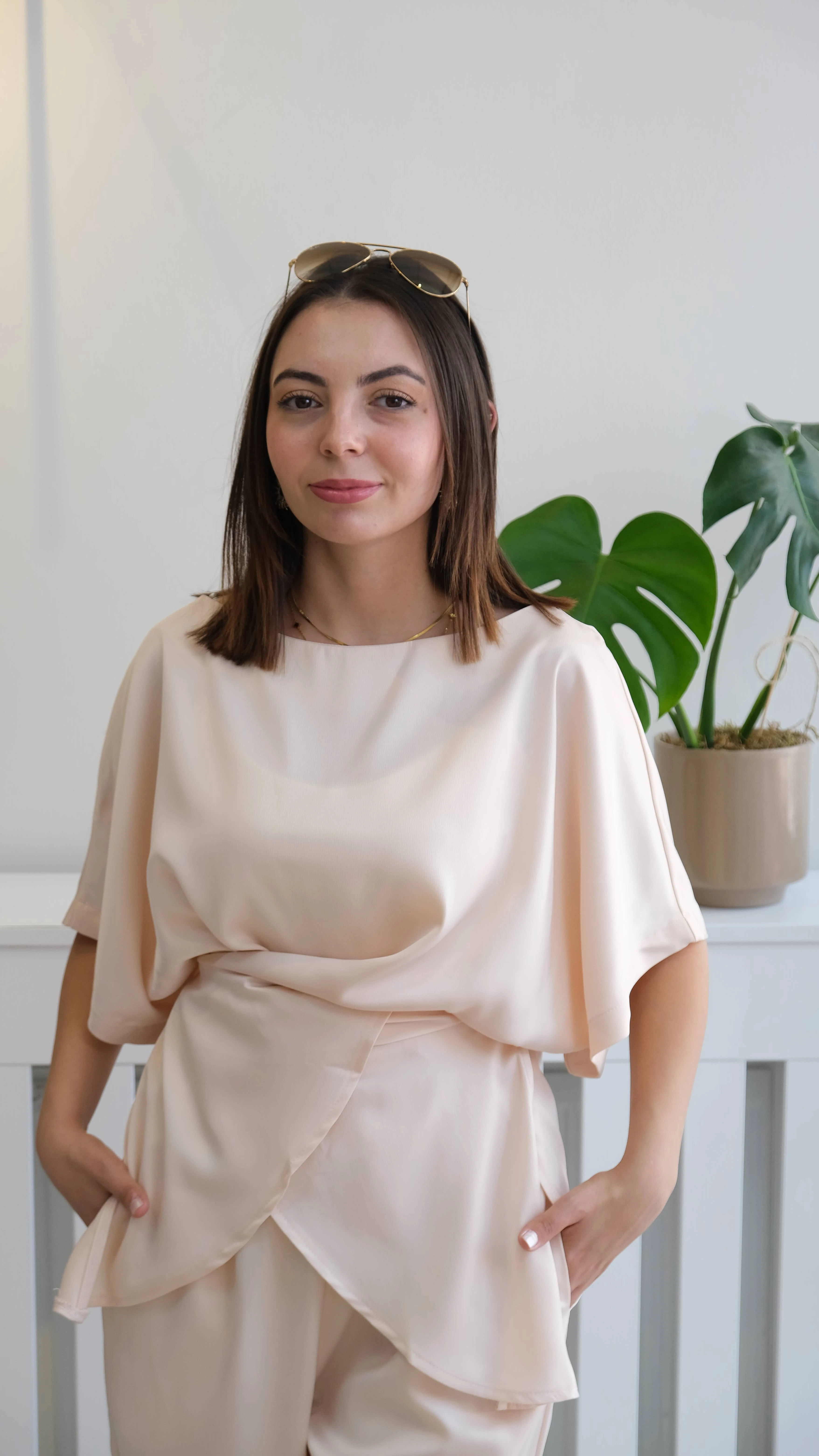 Bel Bağlamalı Saten Takım - Krem