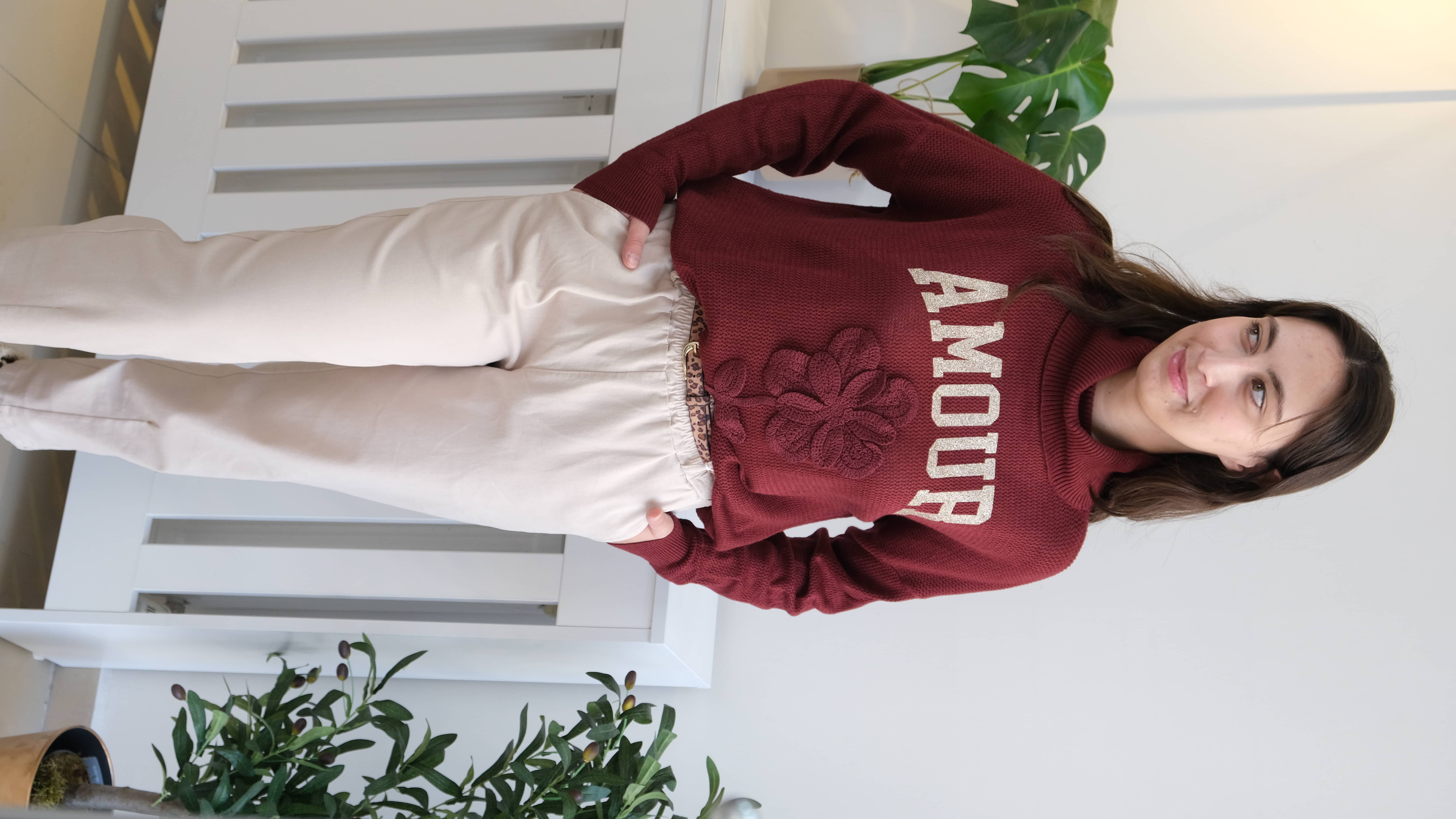 İtalyan Gold Amour Yazılı Gül Kabartmalı Degaje Yaka Triko  - Bordo