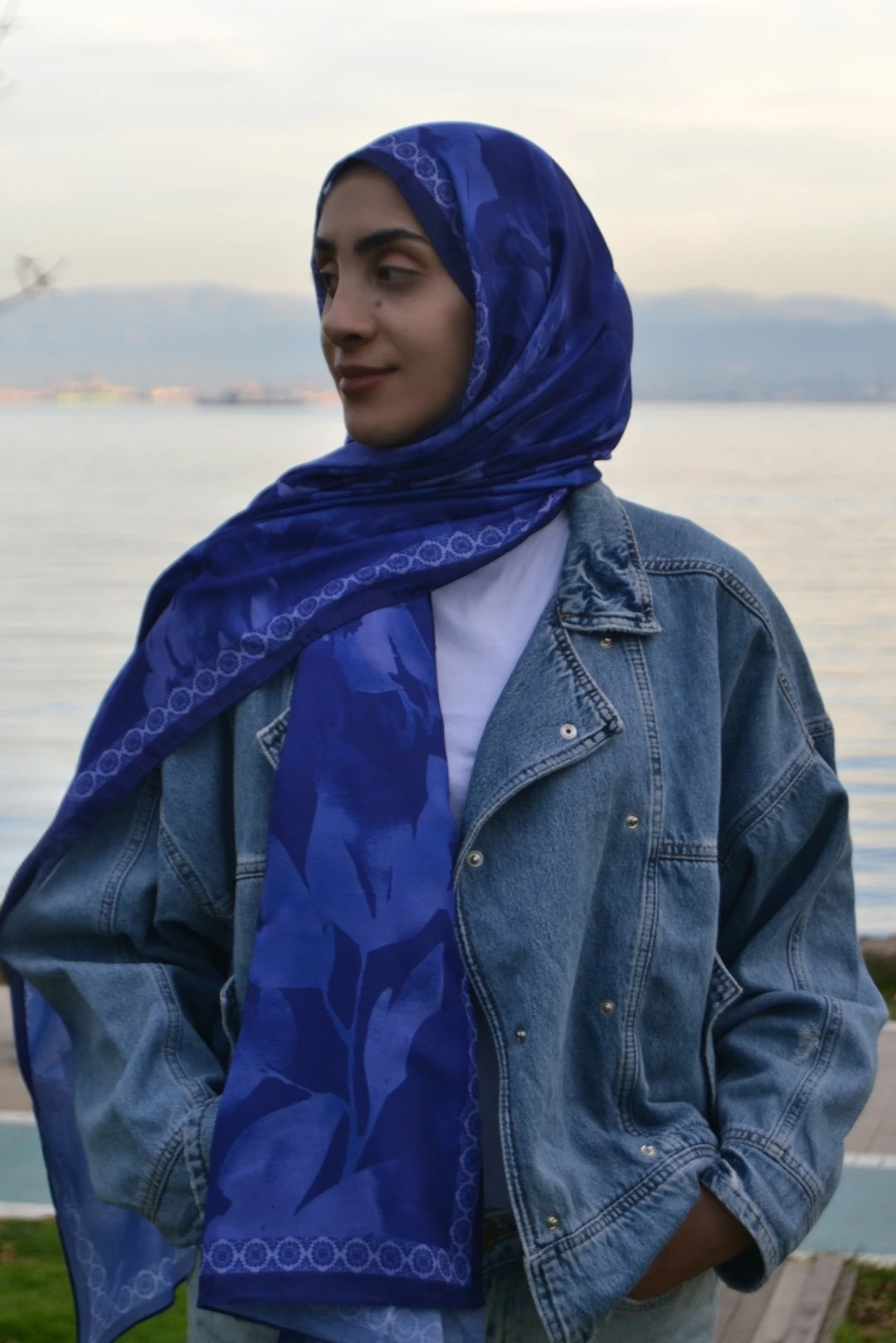 Nora Desenli Pamuk Şal - Saks Mavisi