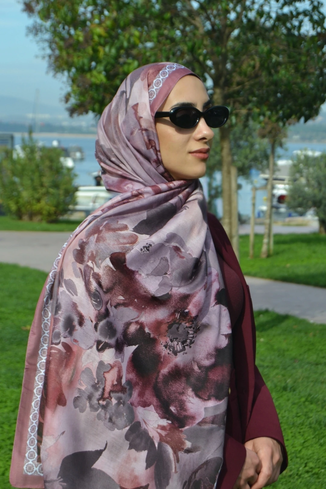 Nora Desenli Pamuk Şal - Bordo