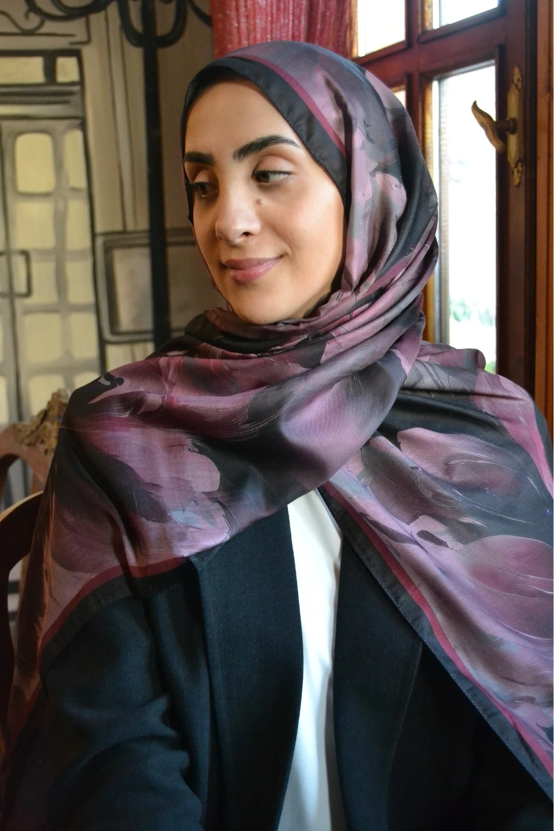 Liora Desenli Pamuk Şal - Bordo