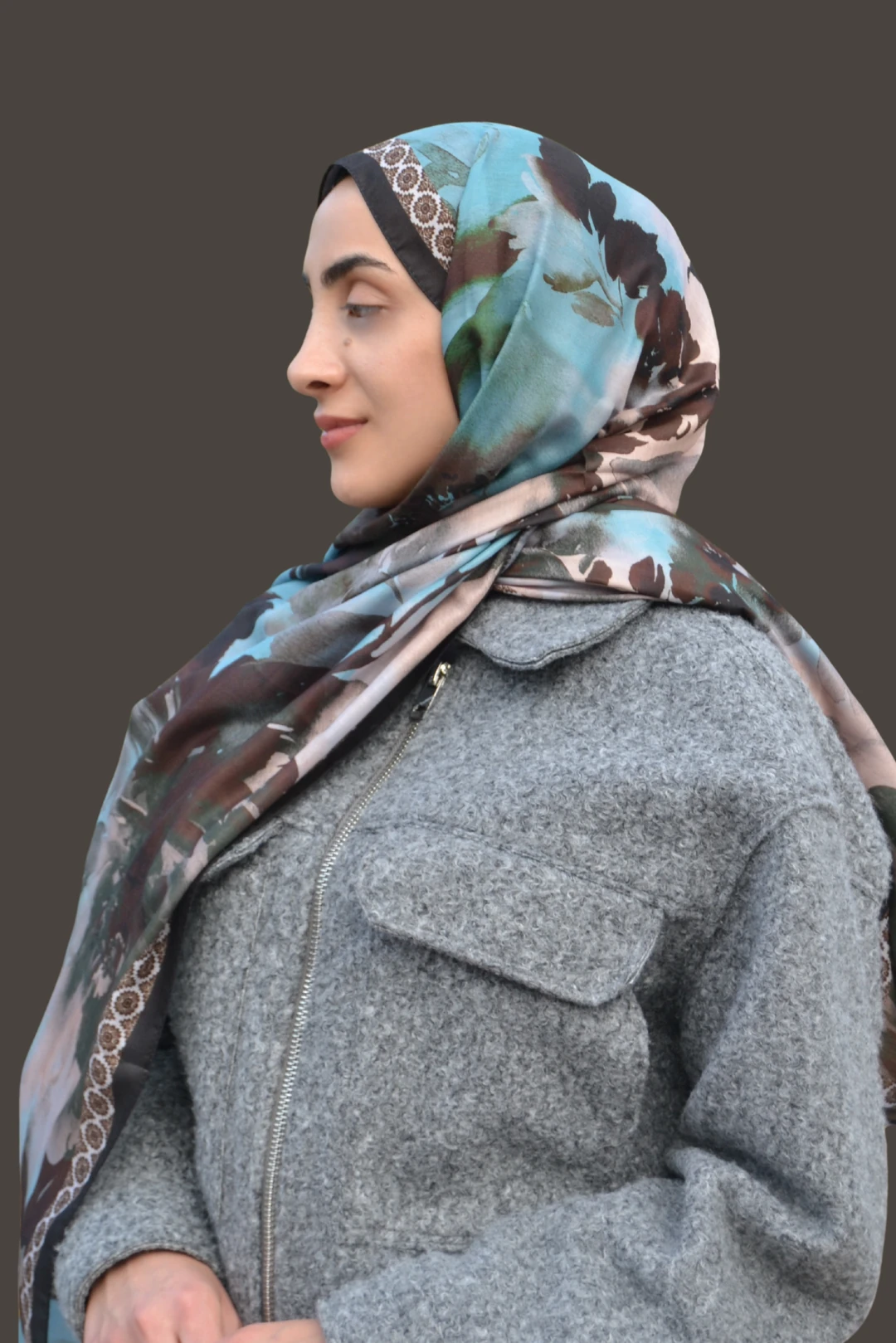 Nora Desenli Pamuk Şal - Kahve - Haki