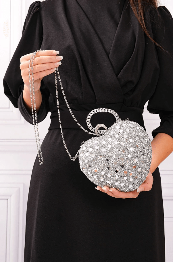 Satin Mini Bag, Crystal Bag, Heart Evening Bag, Dress Bag, Crystal Satin Mini Bag, Chain Bag, Minimalist Bag, Anniversary Gift, Christmas Gift