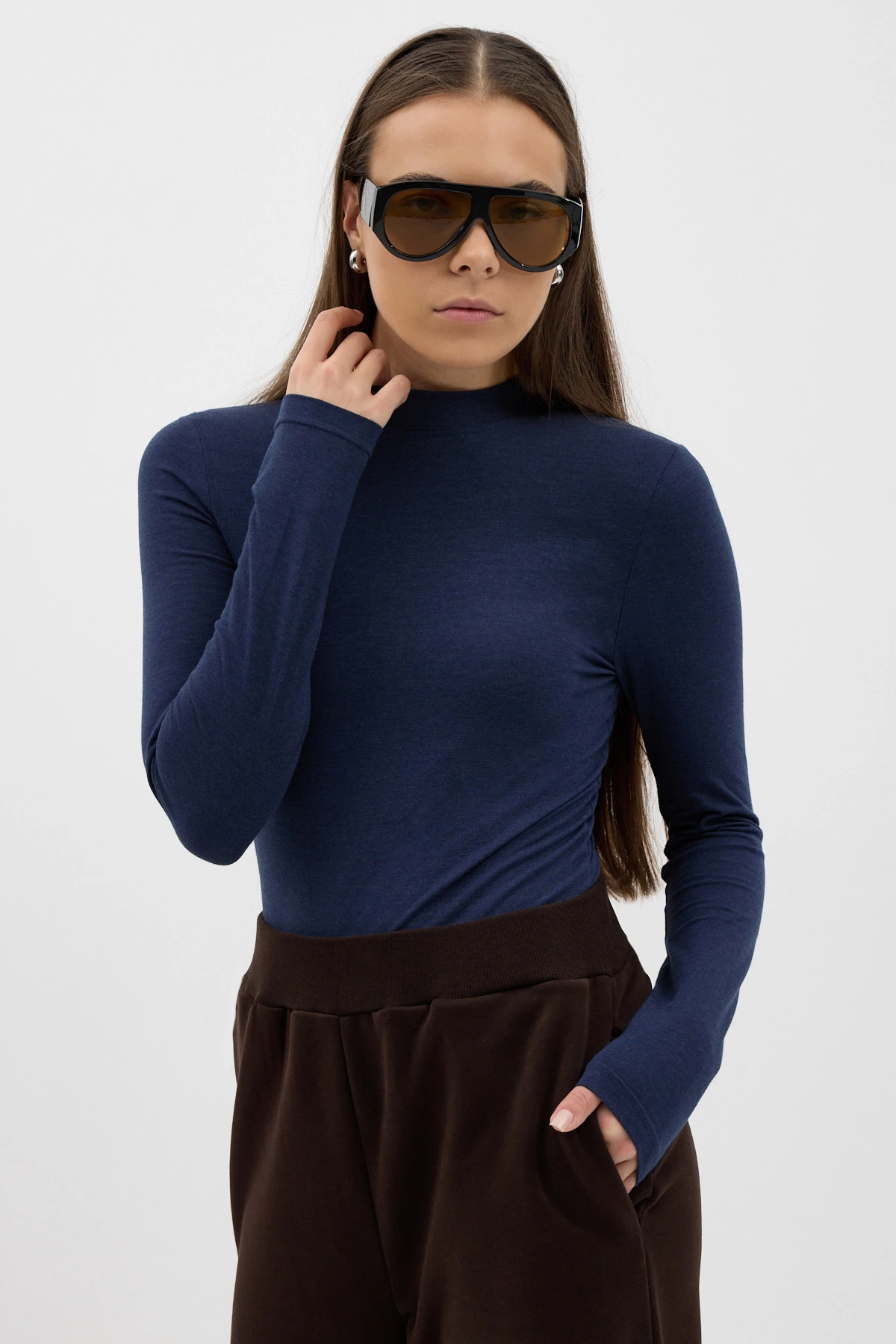 Yüksek Yaka Uzun Kol Body - Çivit Mavi