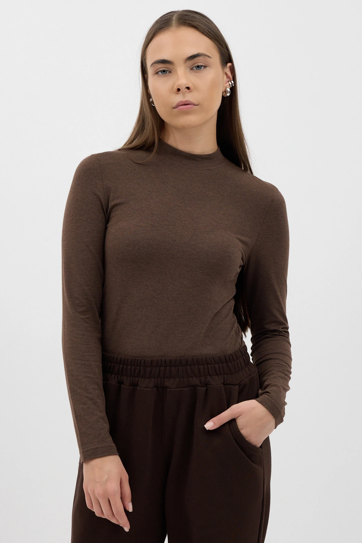 Yüksek Yaka Uzun Kol Body - Acı Kahve