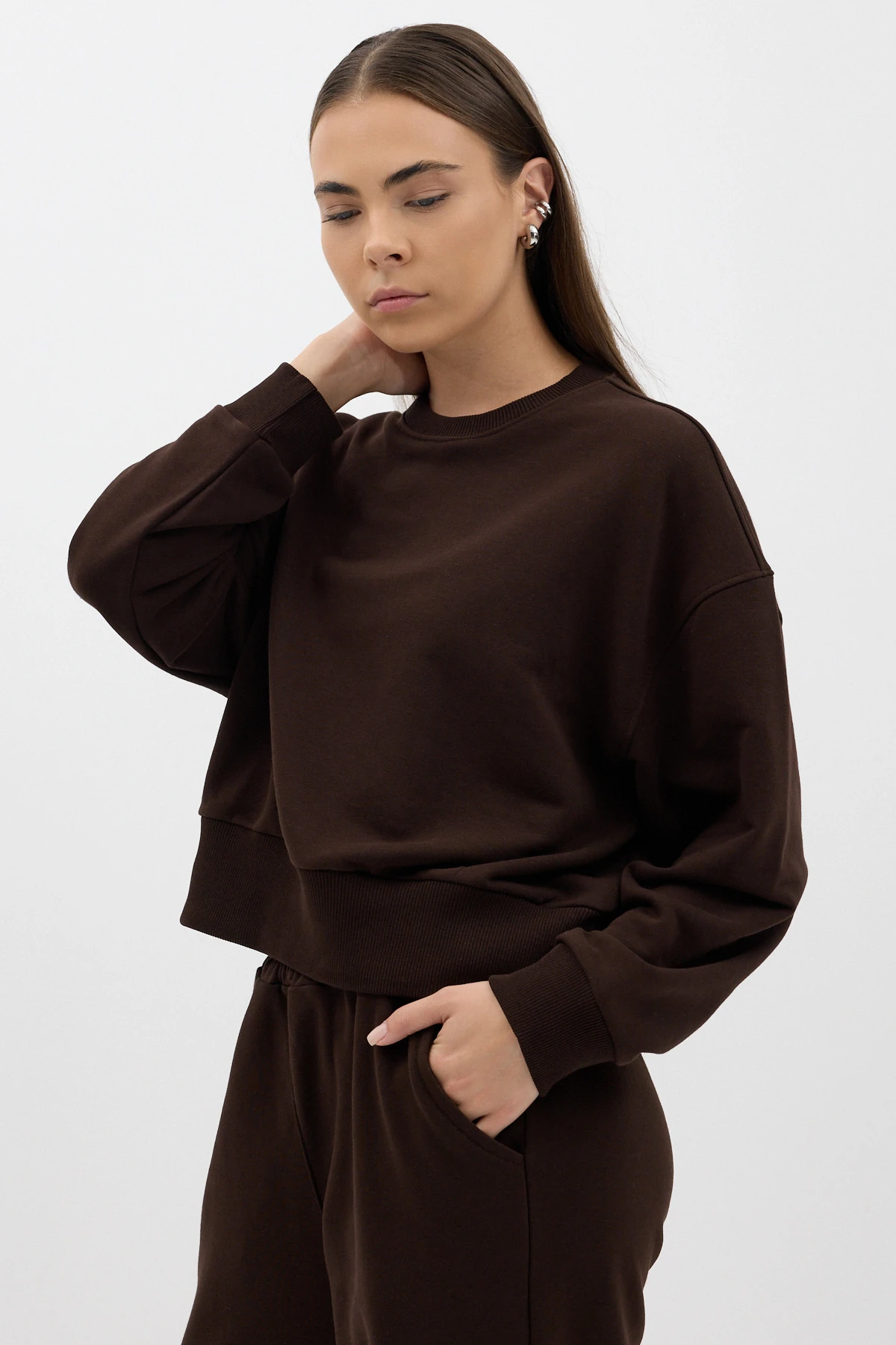 Cozy Bisiklet Yaka Sweatshirt - Acı Kahve