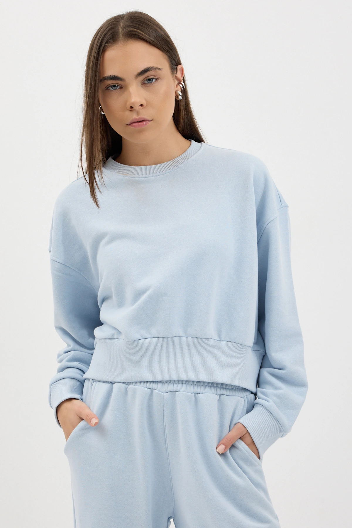 Cozy Bisiklet Yaka Sweatshirt - Buz Mavisi
