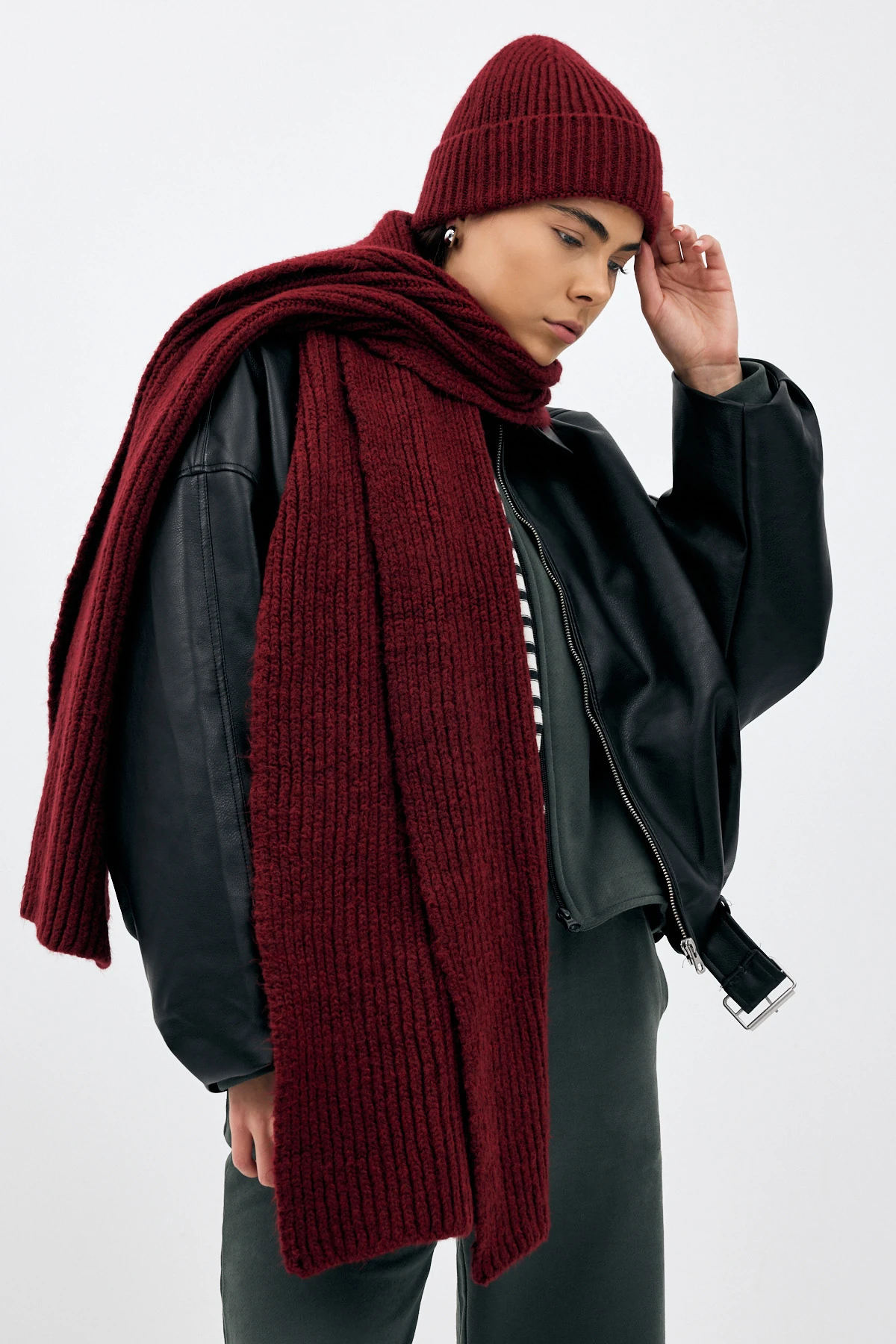 Fitilli Örme Atkı - Bordo