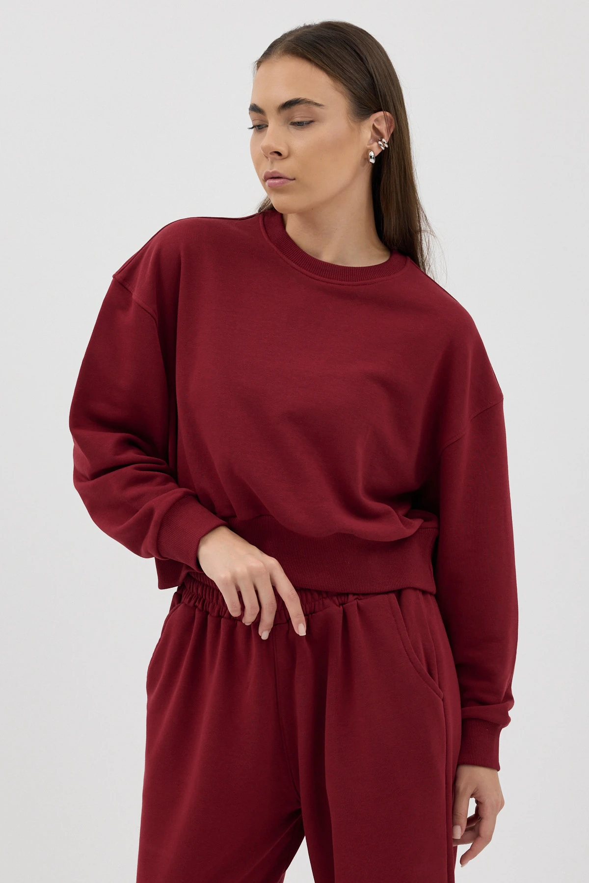 Cozy Bisiklet Yaka Sweatshirt - Bordo