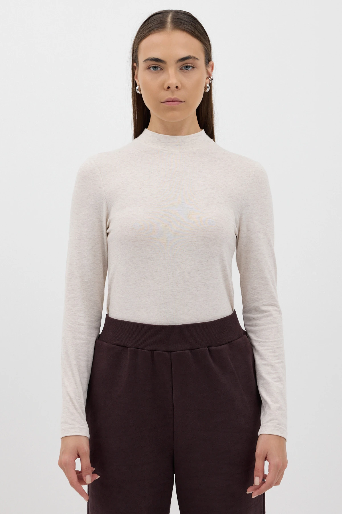 Yüksek Yaka Uzun Kol Body - Bej