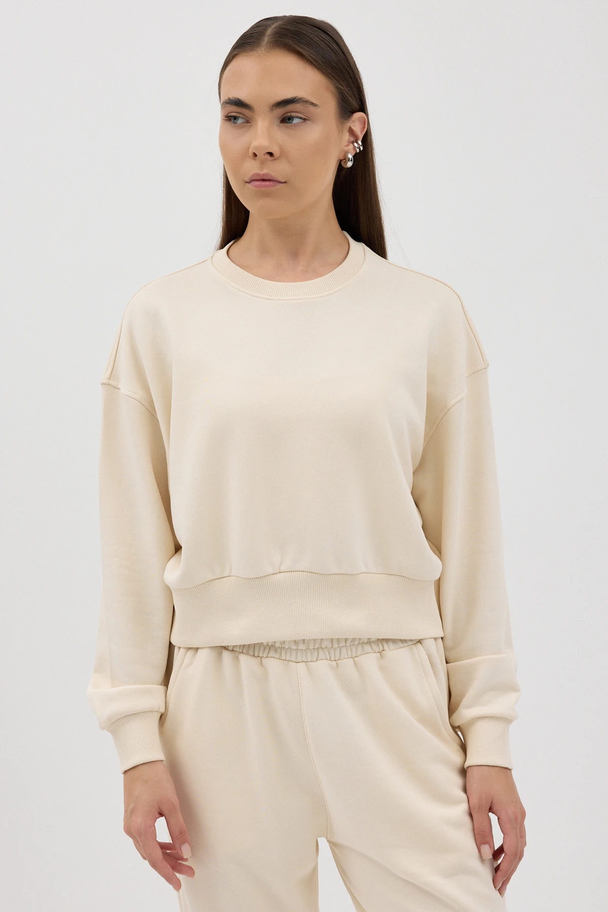 Cozy Bisiklet Yaka Sweatshirt - Bej