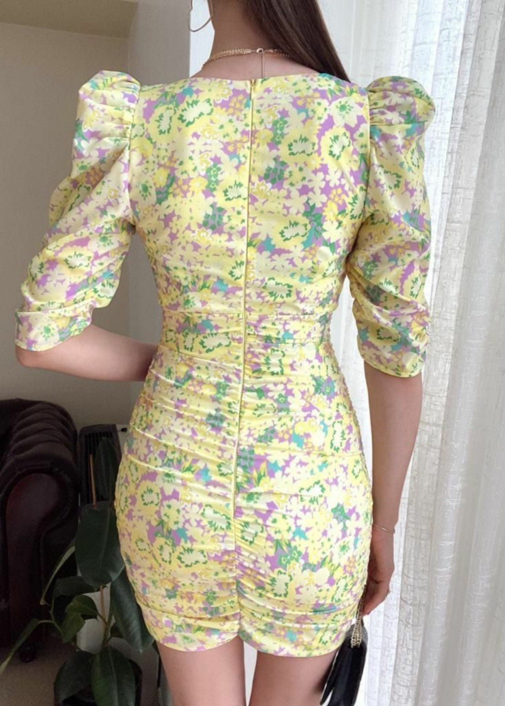 Lila Sari Çiçekli elbise