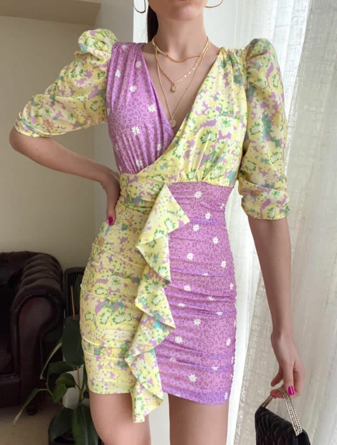 Lila Sari Çiçekli elbise