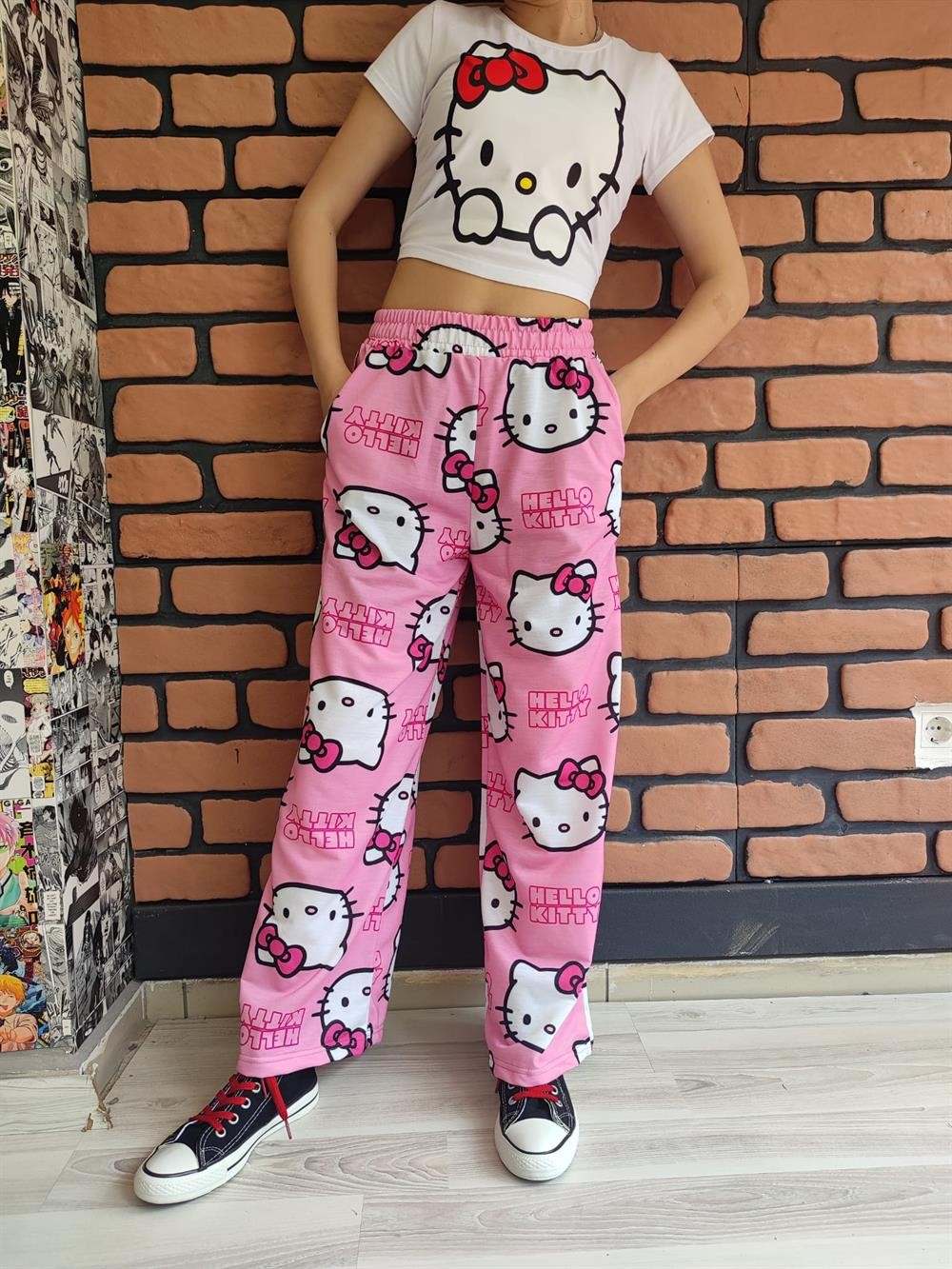 Pembe Kitty Cat Oversize Bol Paça Pijama Altı Eşofman