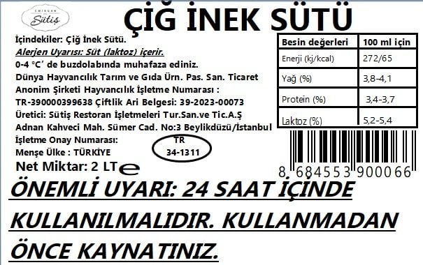 Çiğ İnek Sütü 2 lt