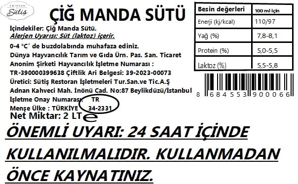Çiğ Manda Sütü 2 lt