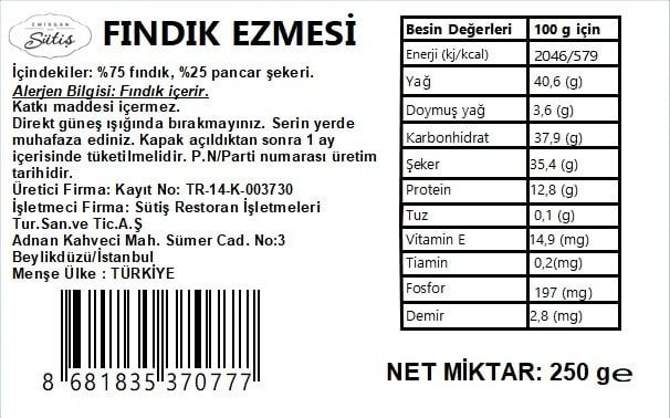 Katkısız Fındık Ezmesi 250 gr