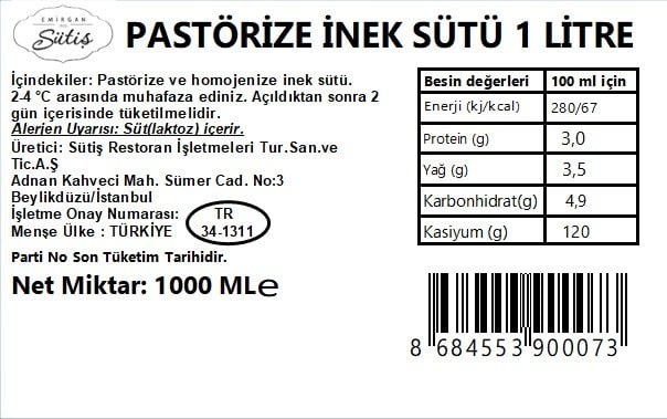 Pastörize İnek Sütü 1 lt