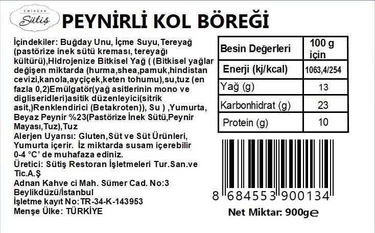 Peynirli Kol Böreği - Pişmemiş 900 gr