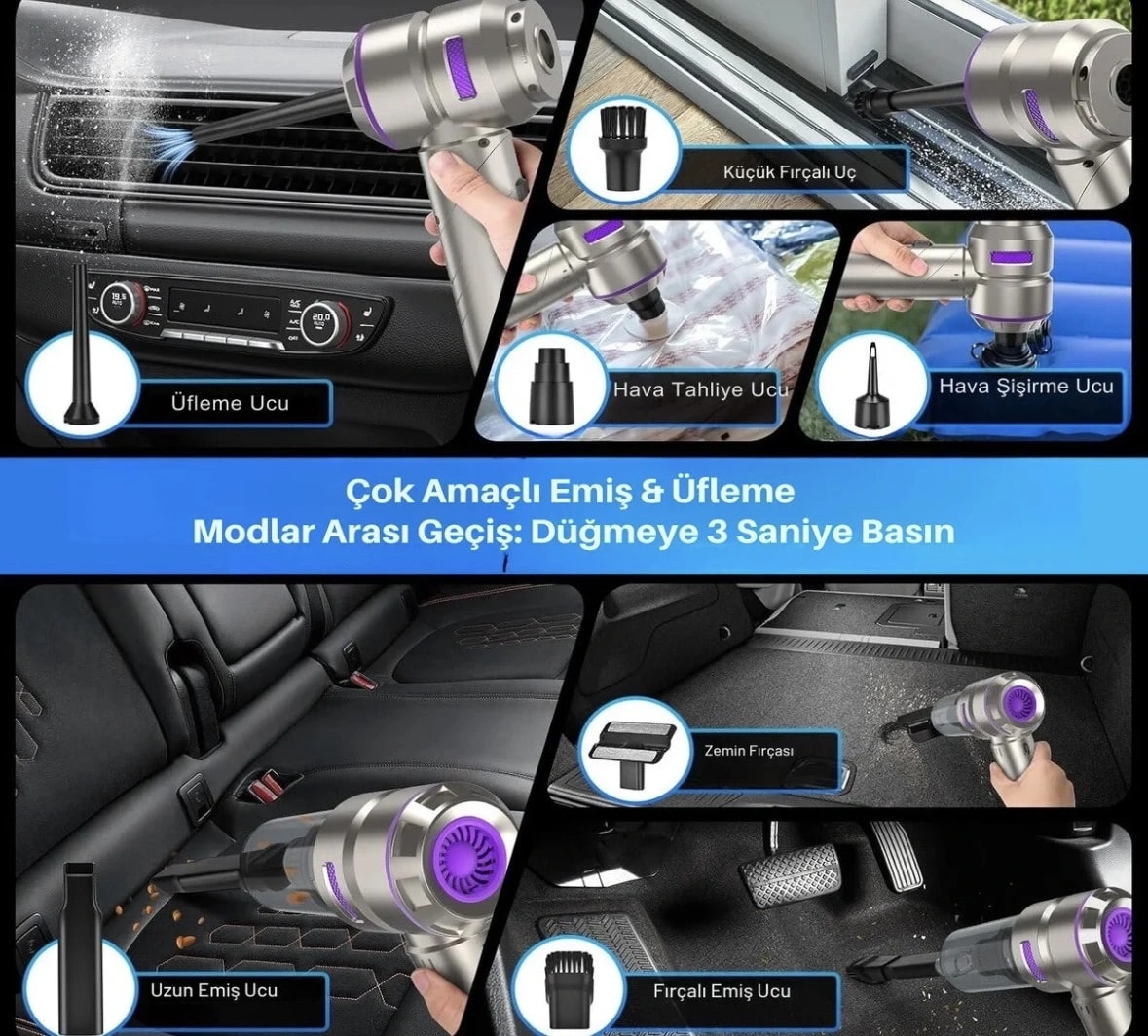 Cs59 Plus Max Araç İçi Kablosuz Şarjlı Mini Süpürge ve Üfleme Fan