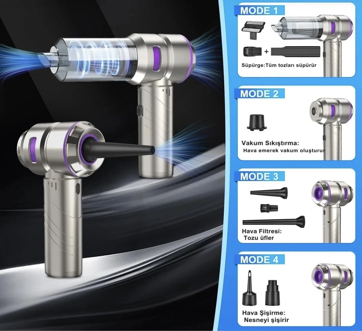 Cs59 Plus Max Araç İçi Kablosuz Şarjlı Mini Süpürge ve Üfleme Fan