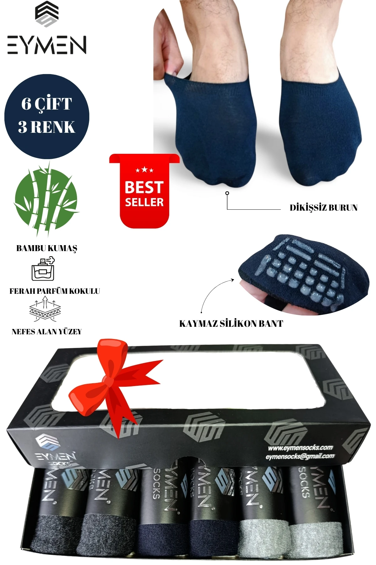 6'lı Kutulu Erkek Bambu Babet Çorap | Kaymaz Silikon Bantlı | Antrasit Gri Lacivert