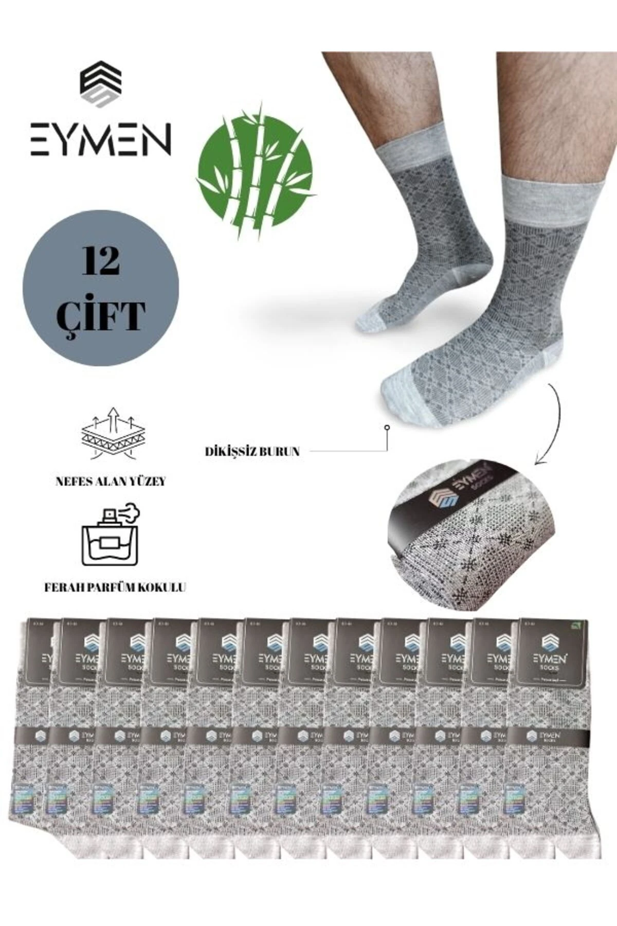 12'li Bambu Erkek Soket Çorap Tek Renk Gri - Premium ,dikişsiz, Baklava Desen, Hediye Kutulu
