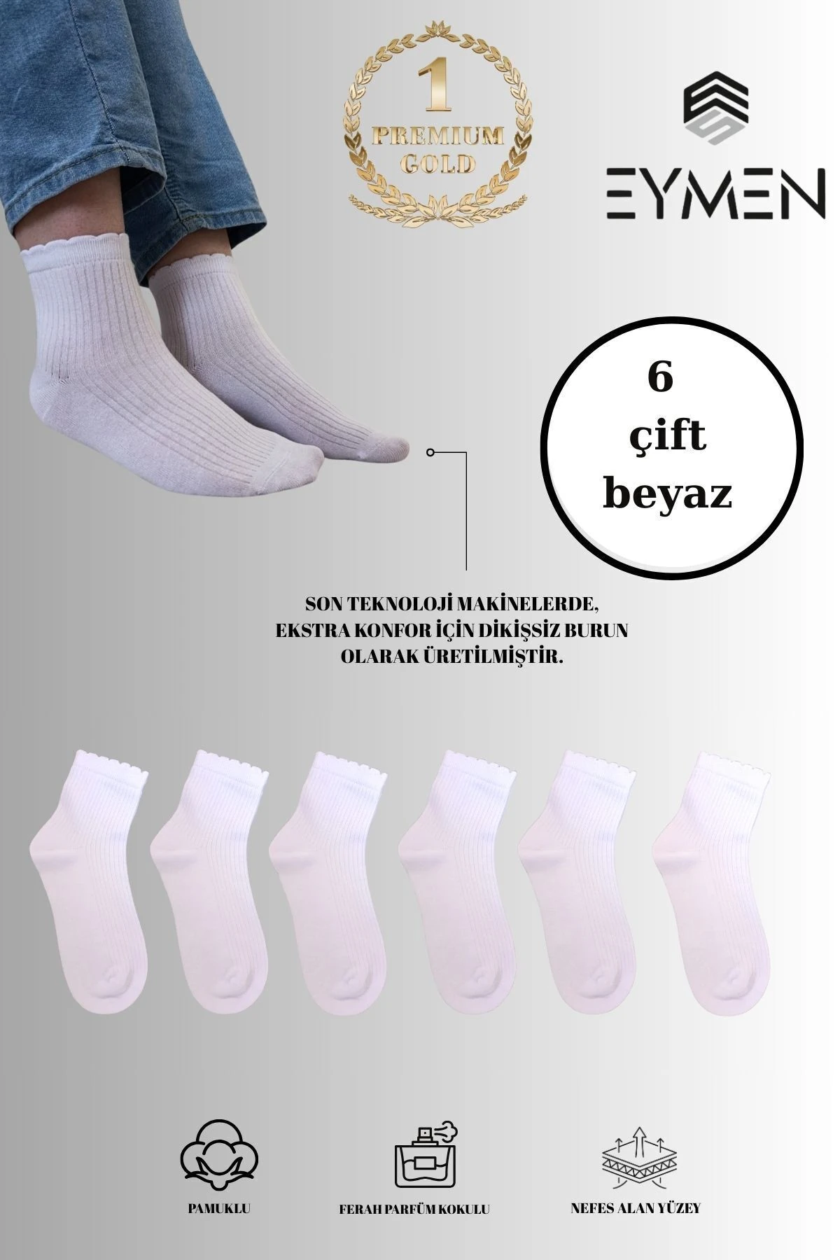 6 Çift Düz Beyaz Yarım Konç Rahat Fitilli Kadın Çorap Pamuklu Premium Kalite