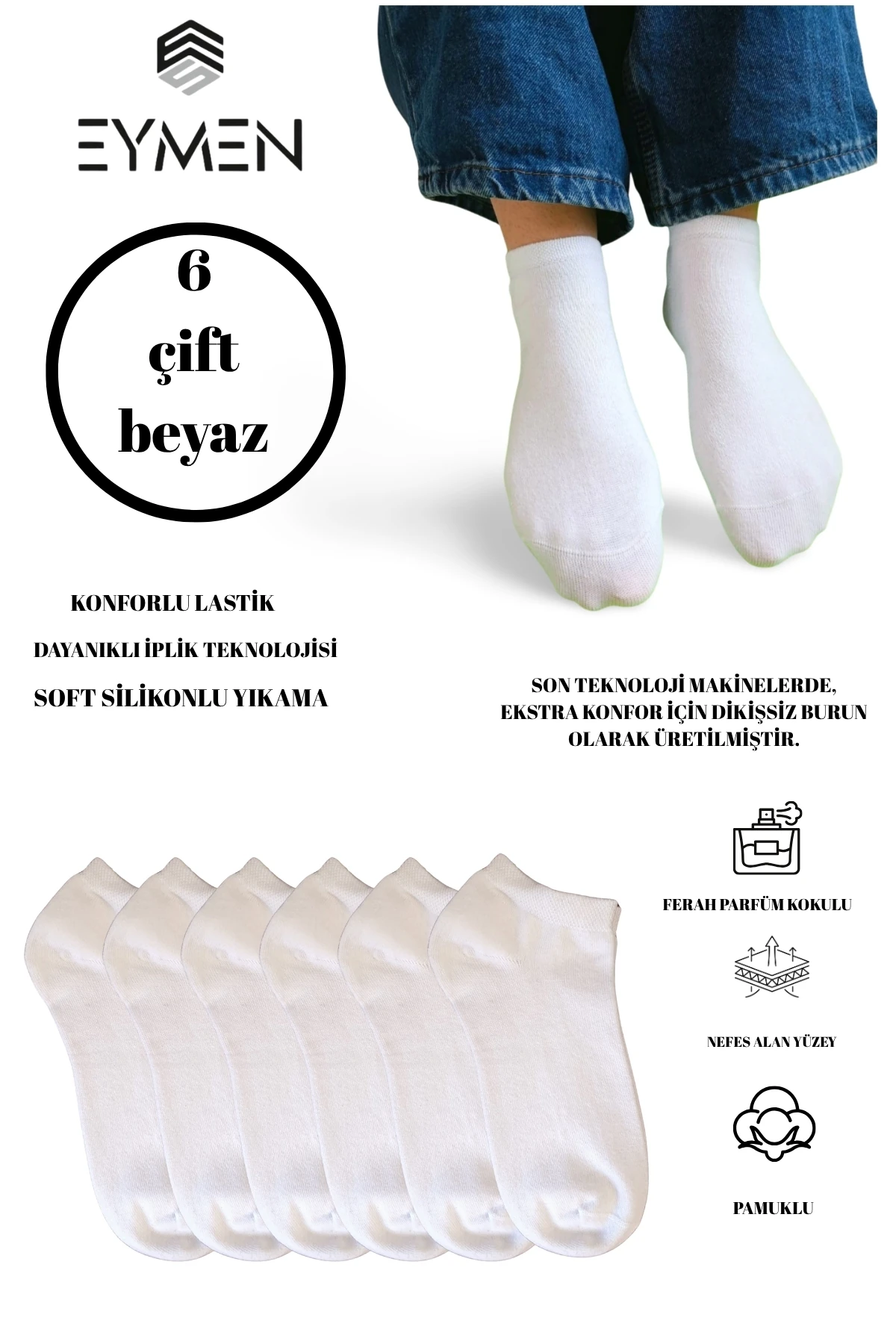 Unisex Patik Çorap 6'lı Paket – Pamuklu, Kuşaklı, Kadın Erkek Kullanıma Uygun Beyaz