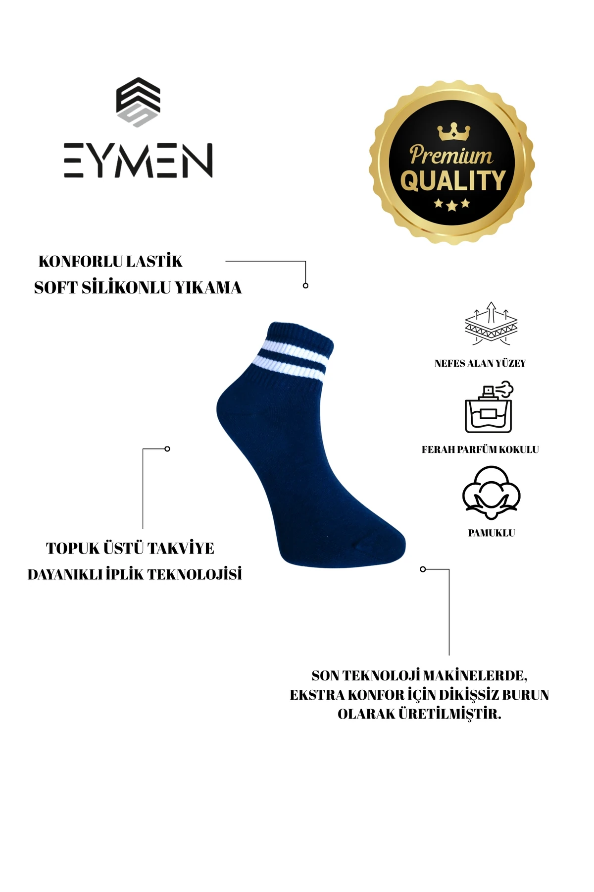 6'lı Ekonomik Kısa Kolej Rahat Fitilli Çemberli Tenis Çorabı Lacivert - Erkek Kadın Için Uygun