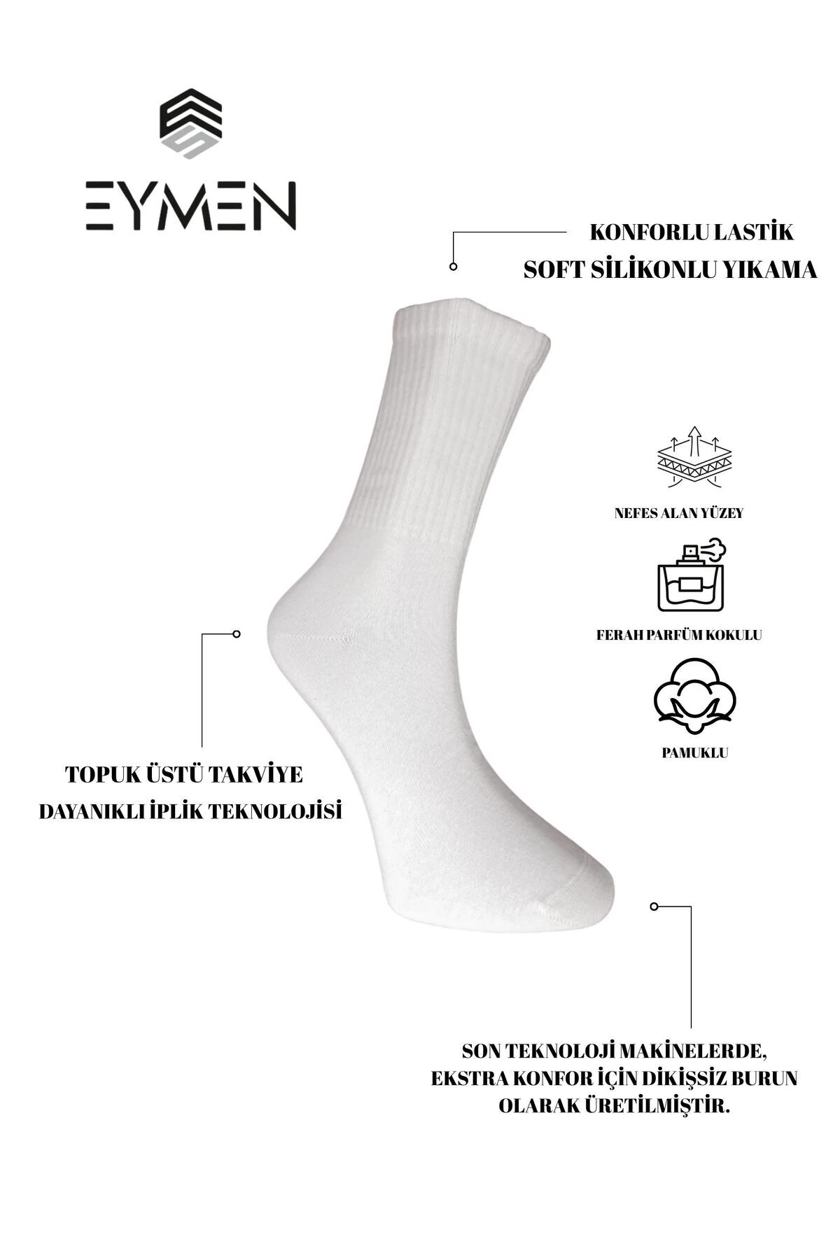 6'lı Paket Unisex Rahat Fitilli Kolej & Tenis Çorabı Düz Renk Beyaz | Pamuklu Uzun (KADIN & ERKEK)