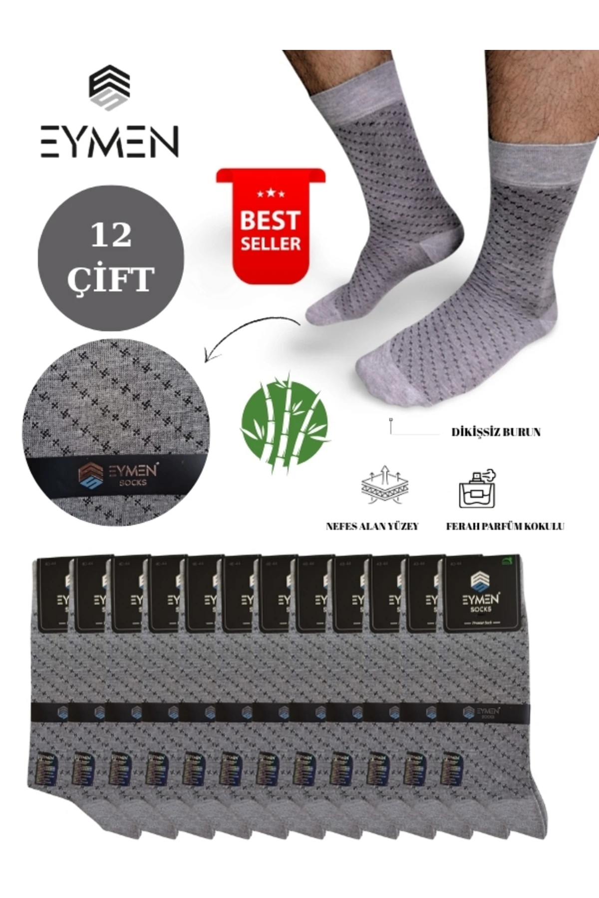 12'li Bambu Erkek Soket Çorap Tek Renk Gri - Premium ,dikişsiz, Çarpı Desen, Hediye Kutulu