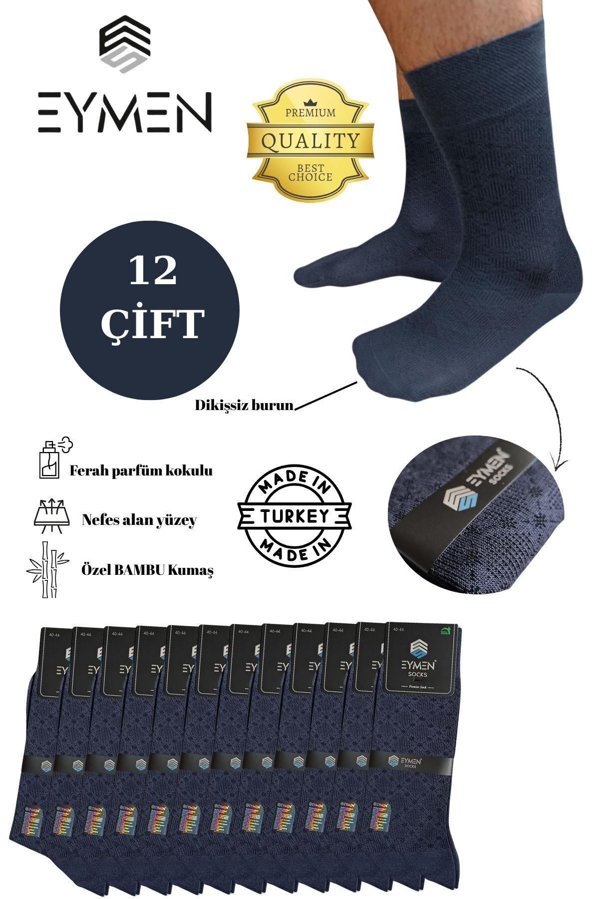 12'li Bambu Erkek Soket Çorap Tek Renk Füme - Premium ,dikişsiz, Baklava Desen, Hediye Kutulu