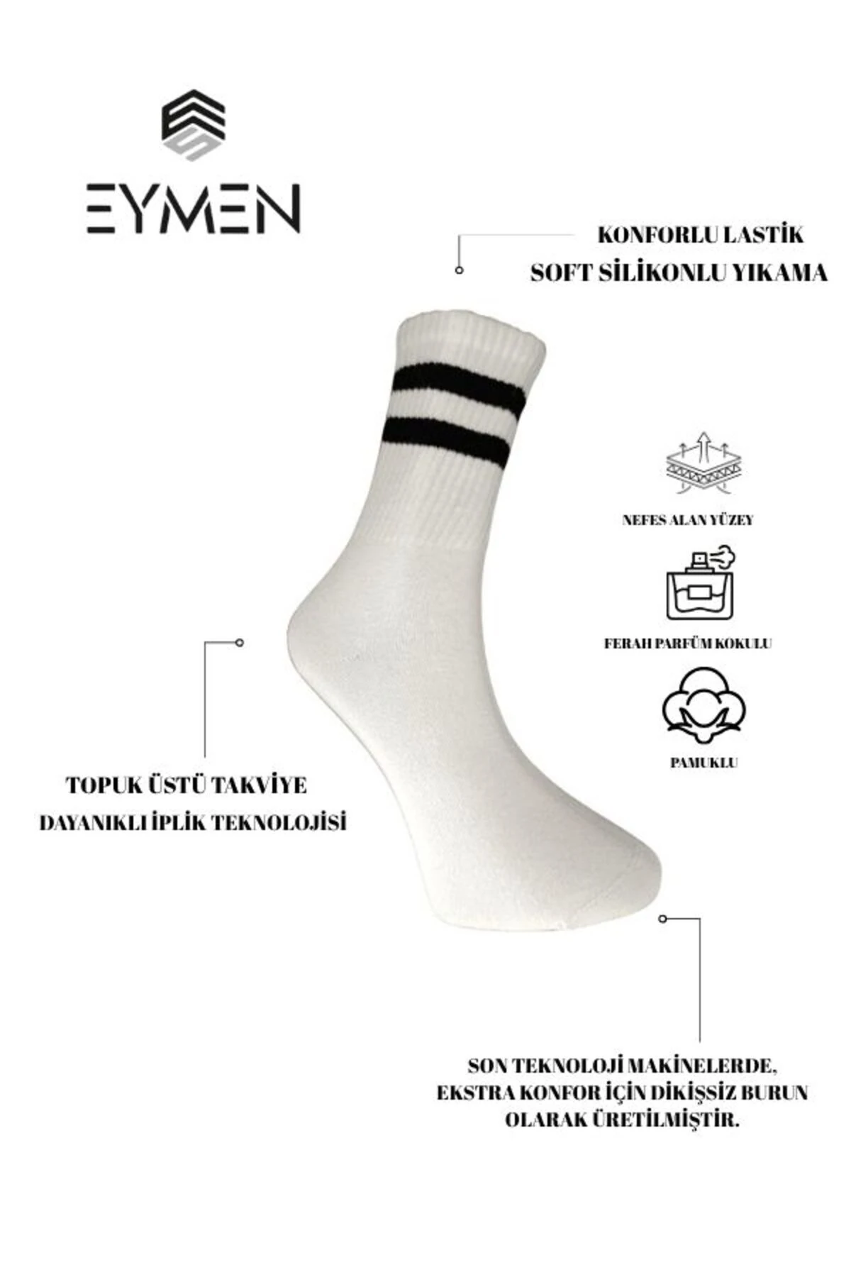 6'lı Ekonomik Uzun Rahat Fitilli Kolej Çemberli Tenis Çorabı Beyaz - Erkek Kadın Için Uygun