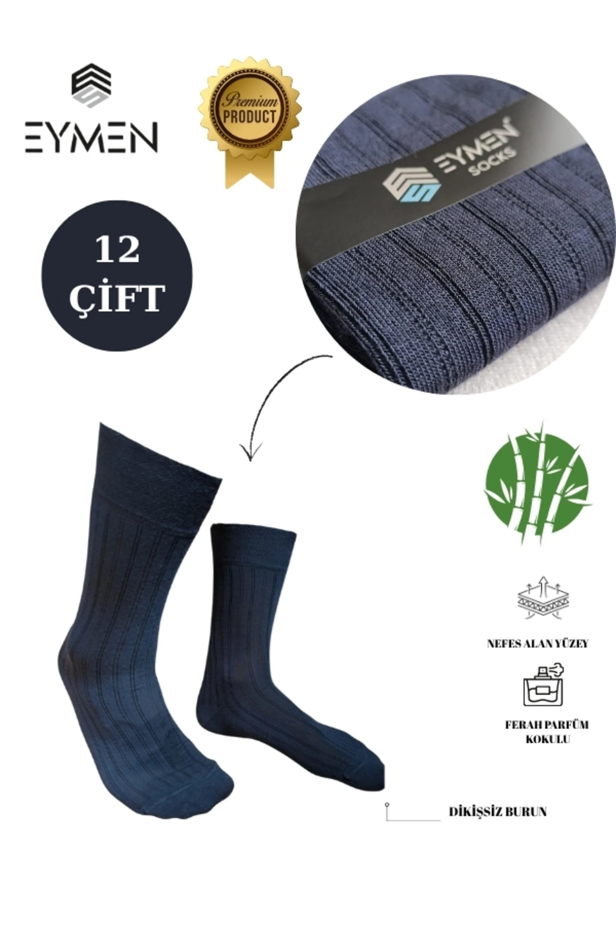 12'li Bambu Erkek Soket Çorap Tek Renk - Premium ,dikişsiz, Dik Çizgili Füme Desen, Hediye Kutulu