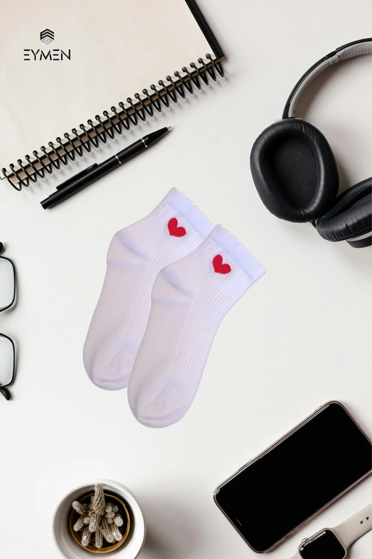 6 Çift Beyaz Kalp Desenli Yarım Konç Rahat Fitilli Kadın Çorap Pamuklu Premium Kalite