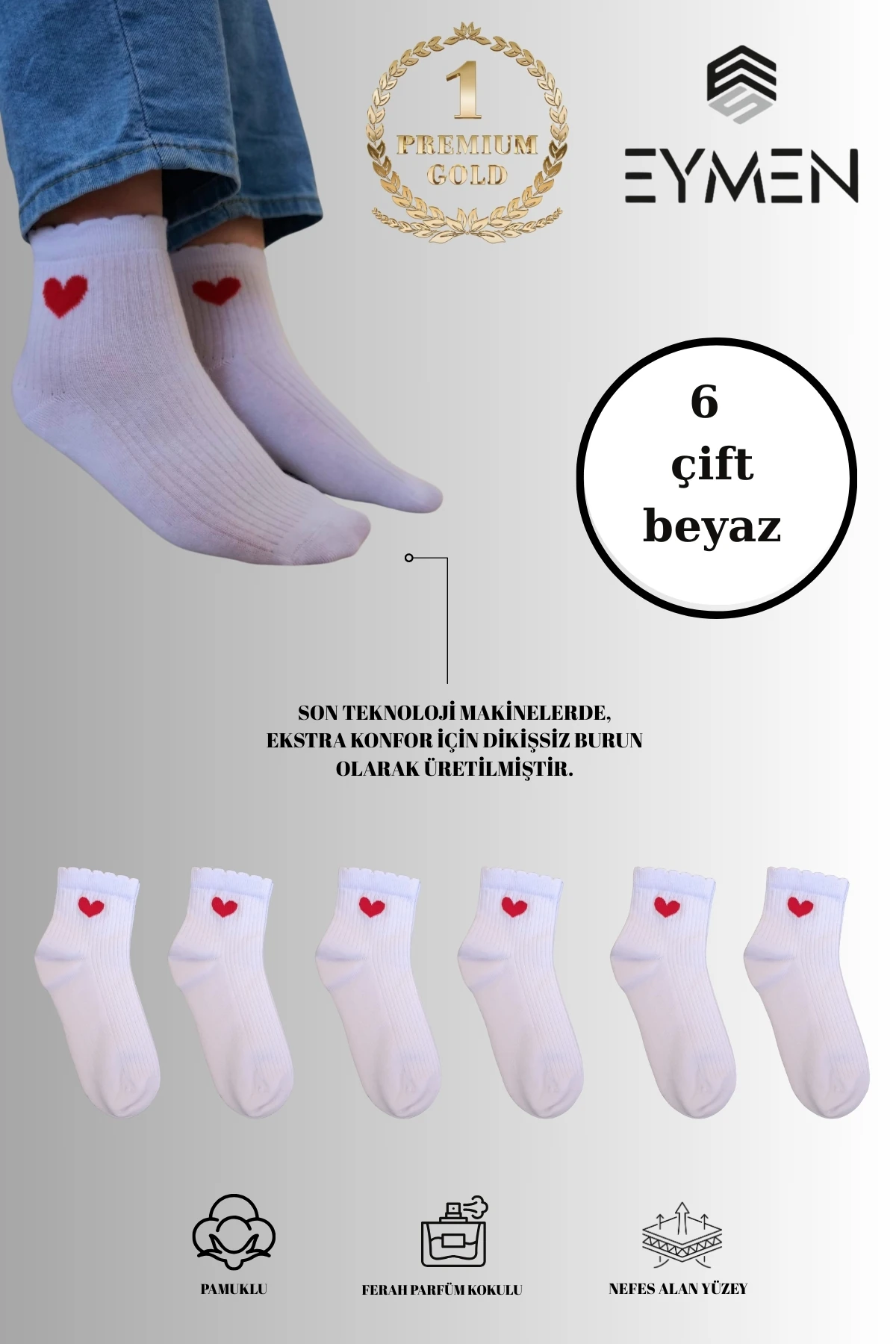 6 Çift Beyaz Kalp Desenli Yarım Konç Rahat Fitilli Kadın Çorap Pamuklu Premium Kalite