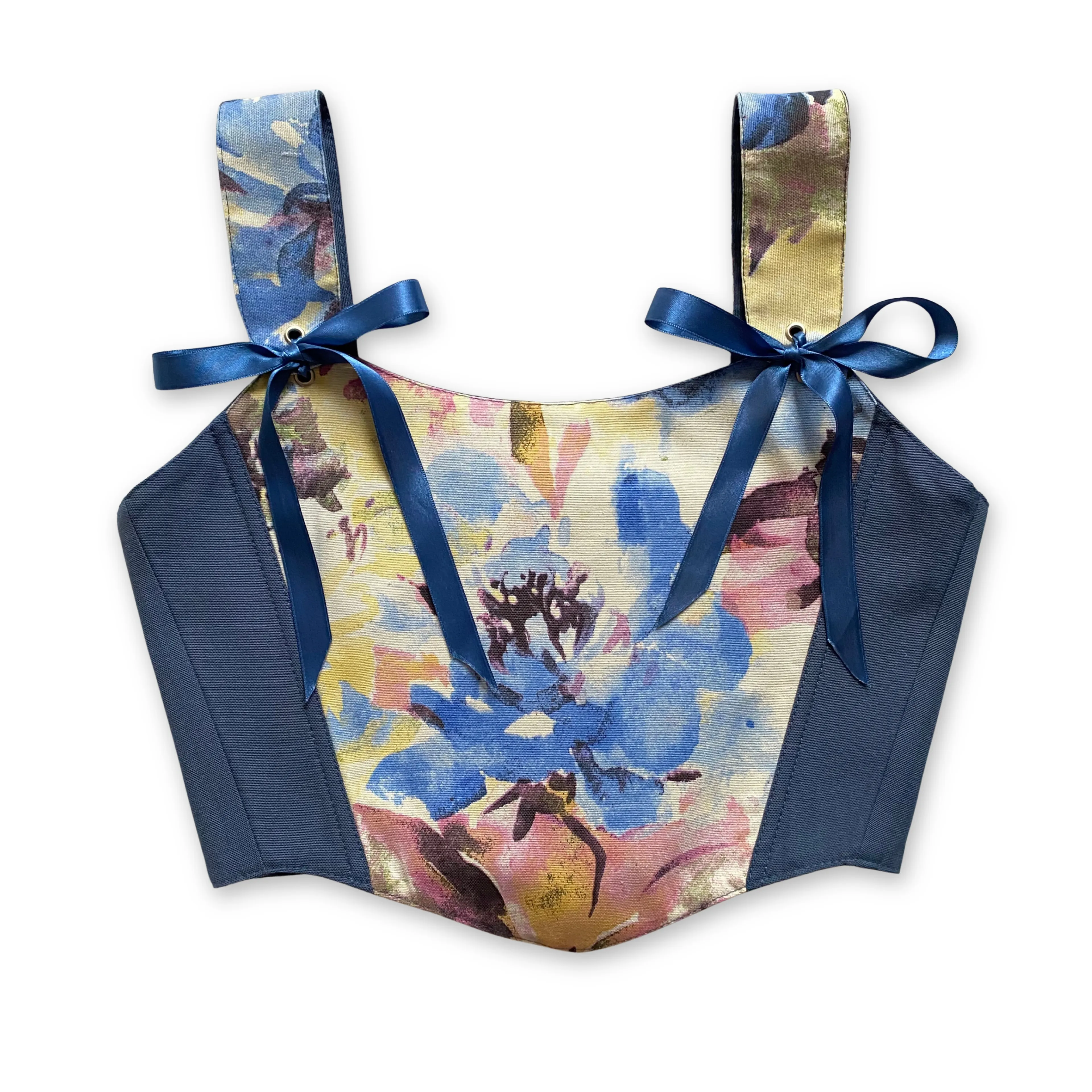 Mavi Çiçek Desenli Çift Taraflı Bayan Korse