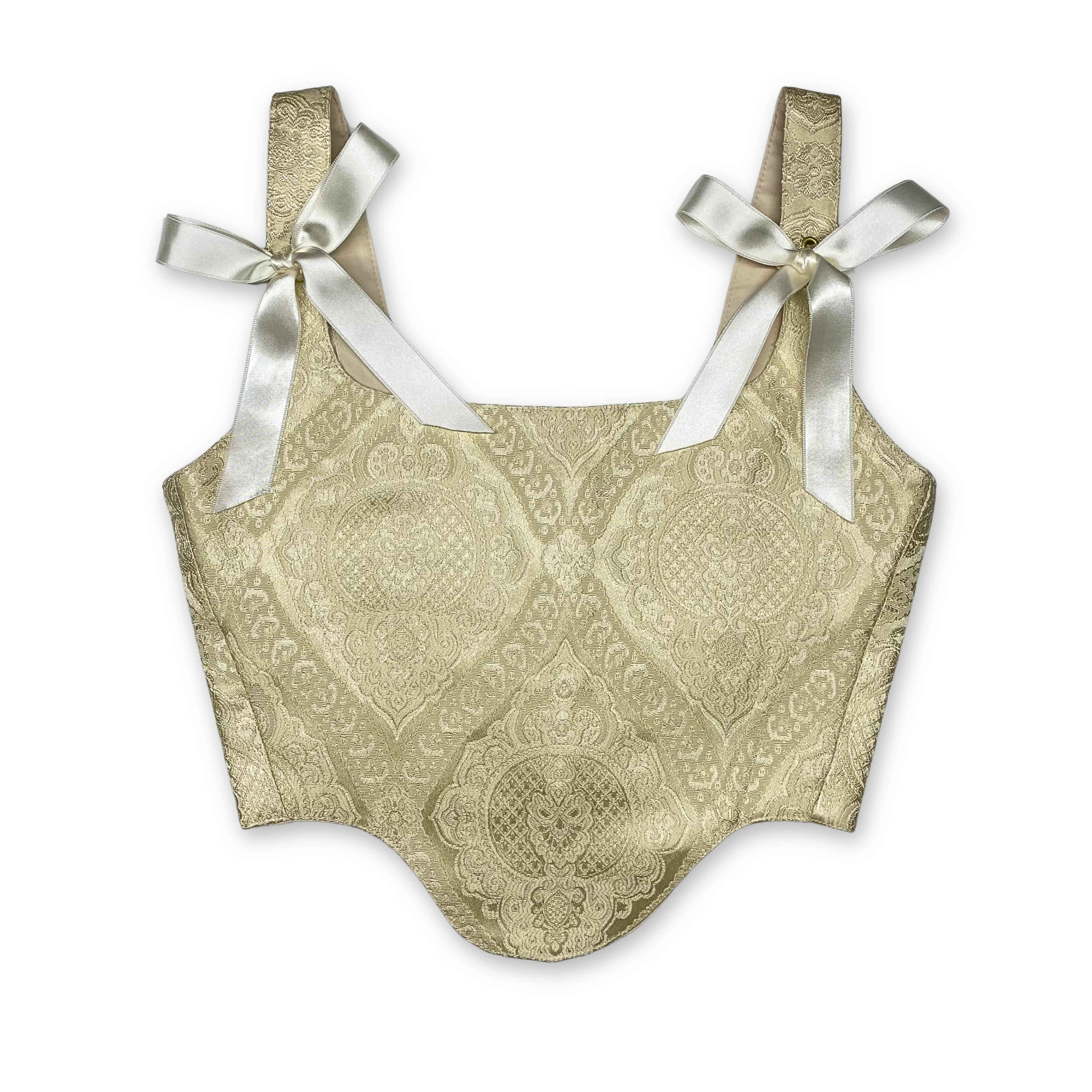 Krem Rengi Damask Desenli Bayan Korse