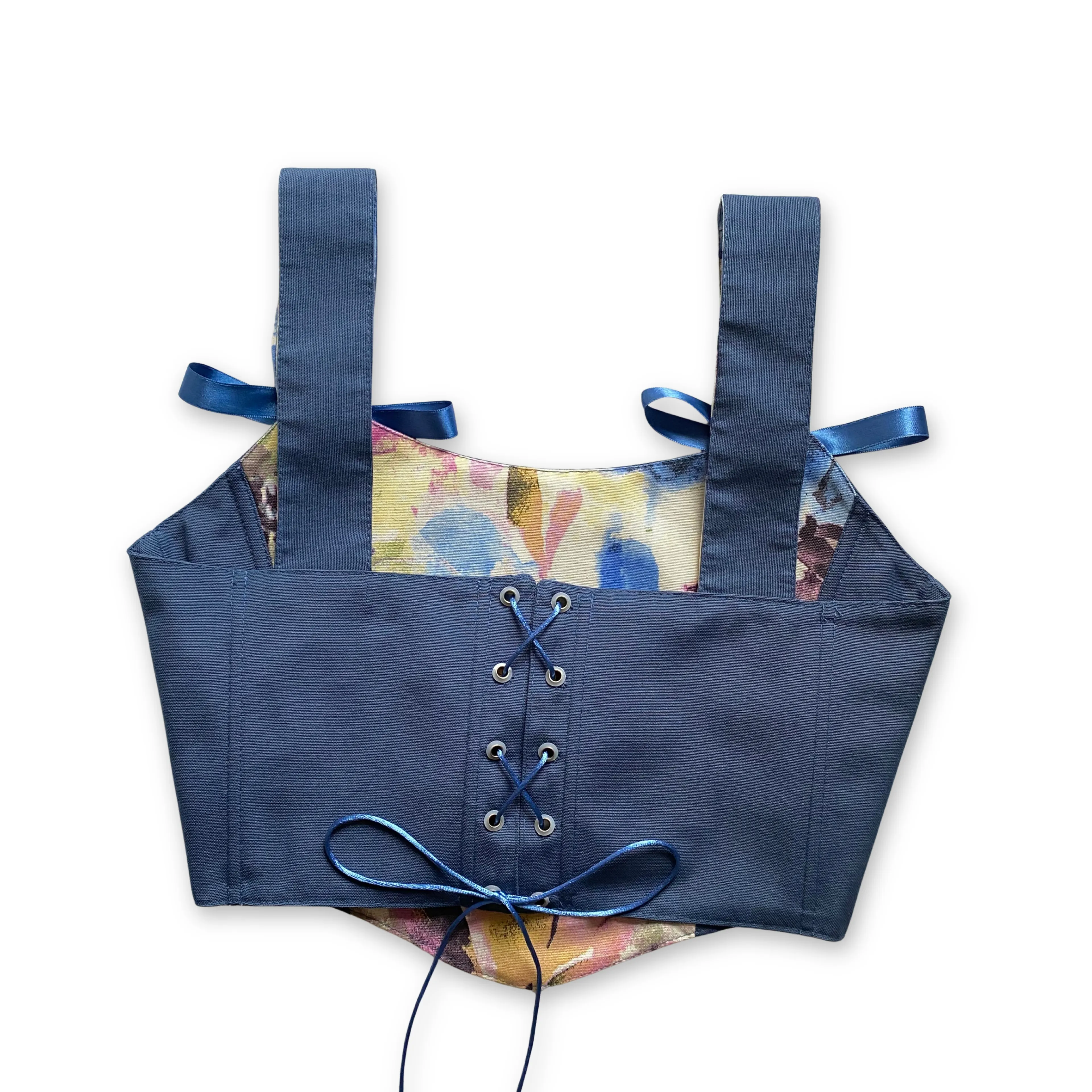 Mavi Çiçek Desenli Çift Taraflı Bayan Korse