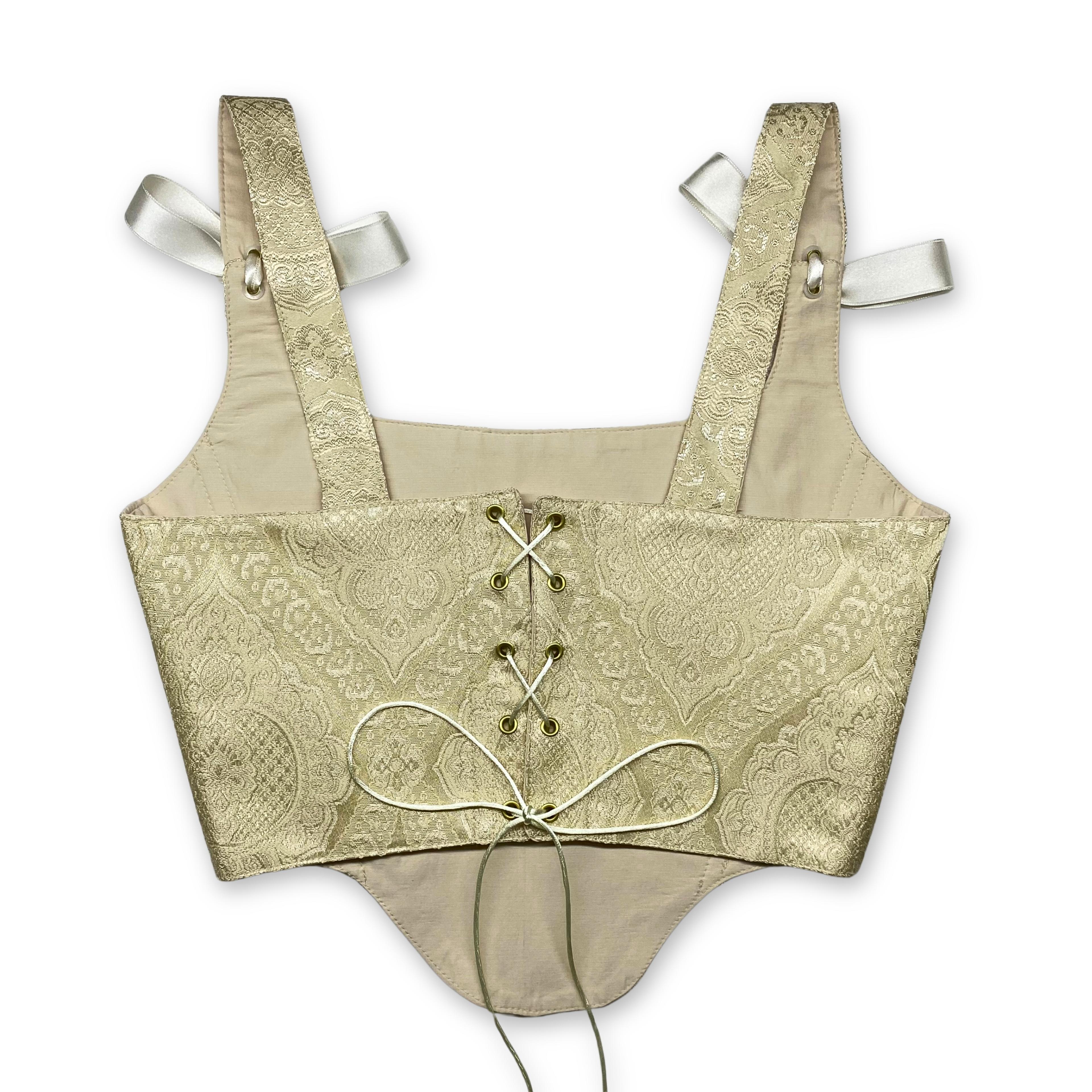 Krem Rengi Damask Desenli Bayan Korse