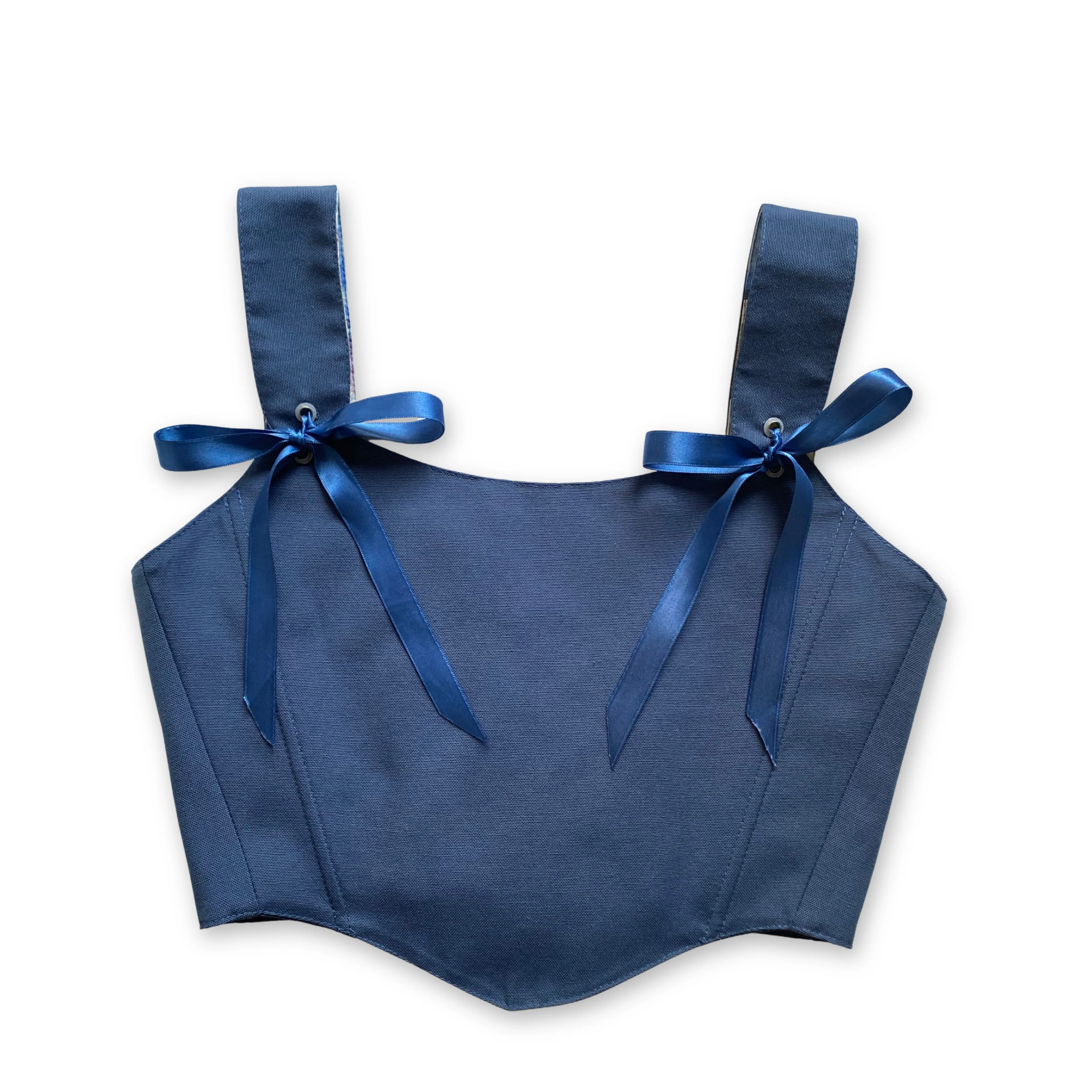 Mavi Çiçek Desenli Çift Taraflı Bayan Korse