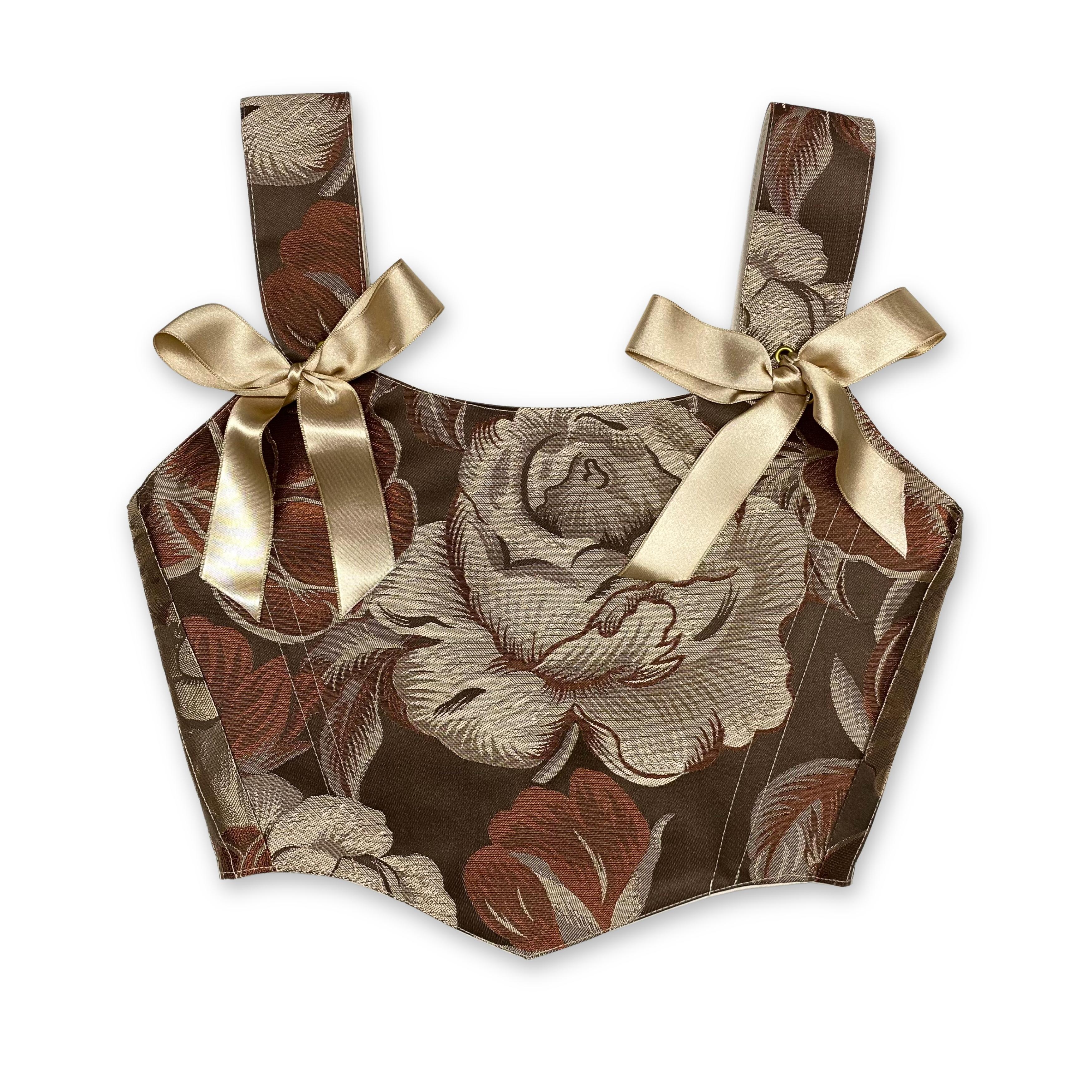 Kahverengi Floral Vintage Desenli Bayan Korse