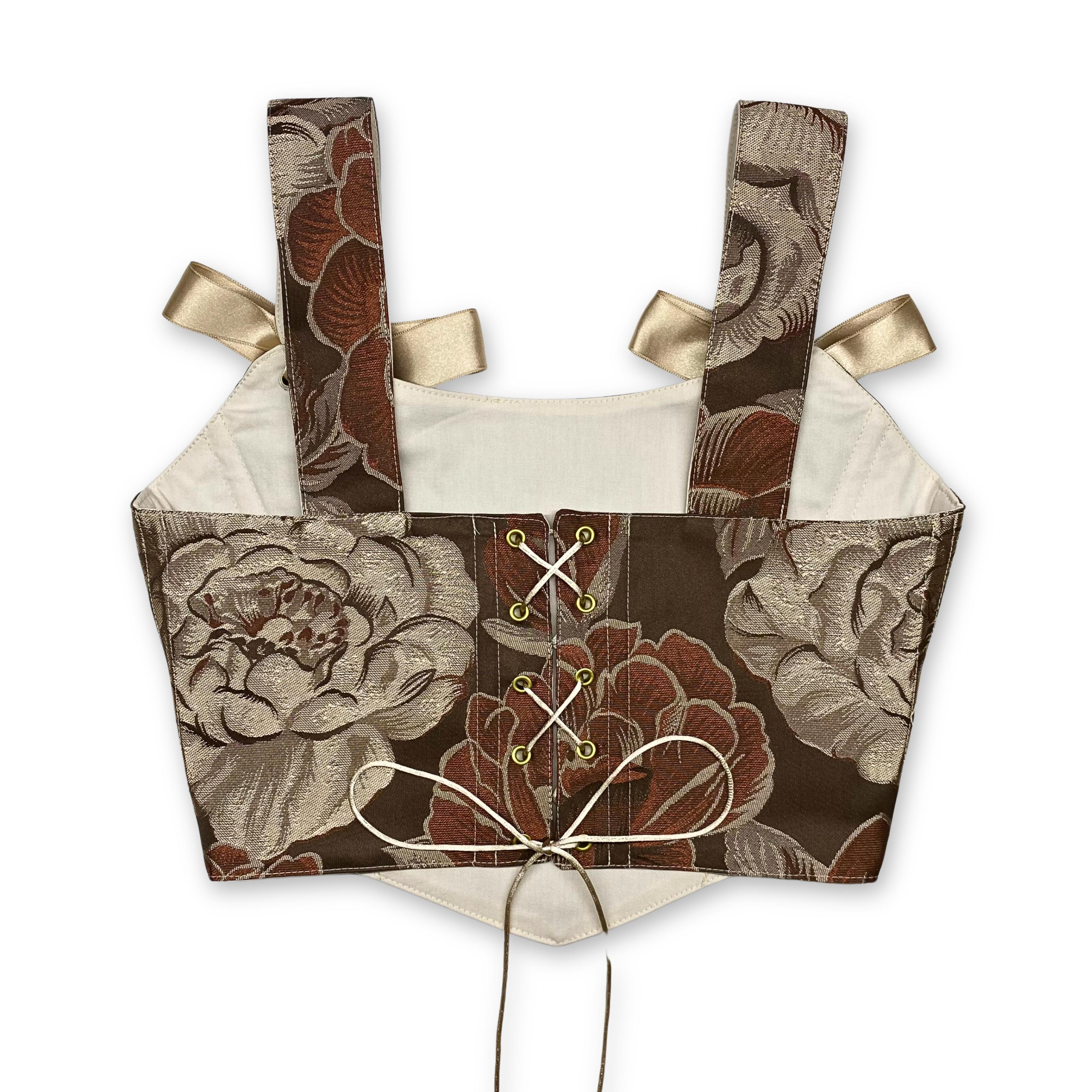 Kahverengi Floral Vintage Desenli Bayan Korse