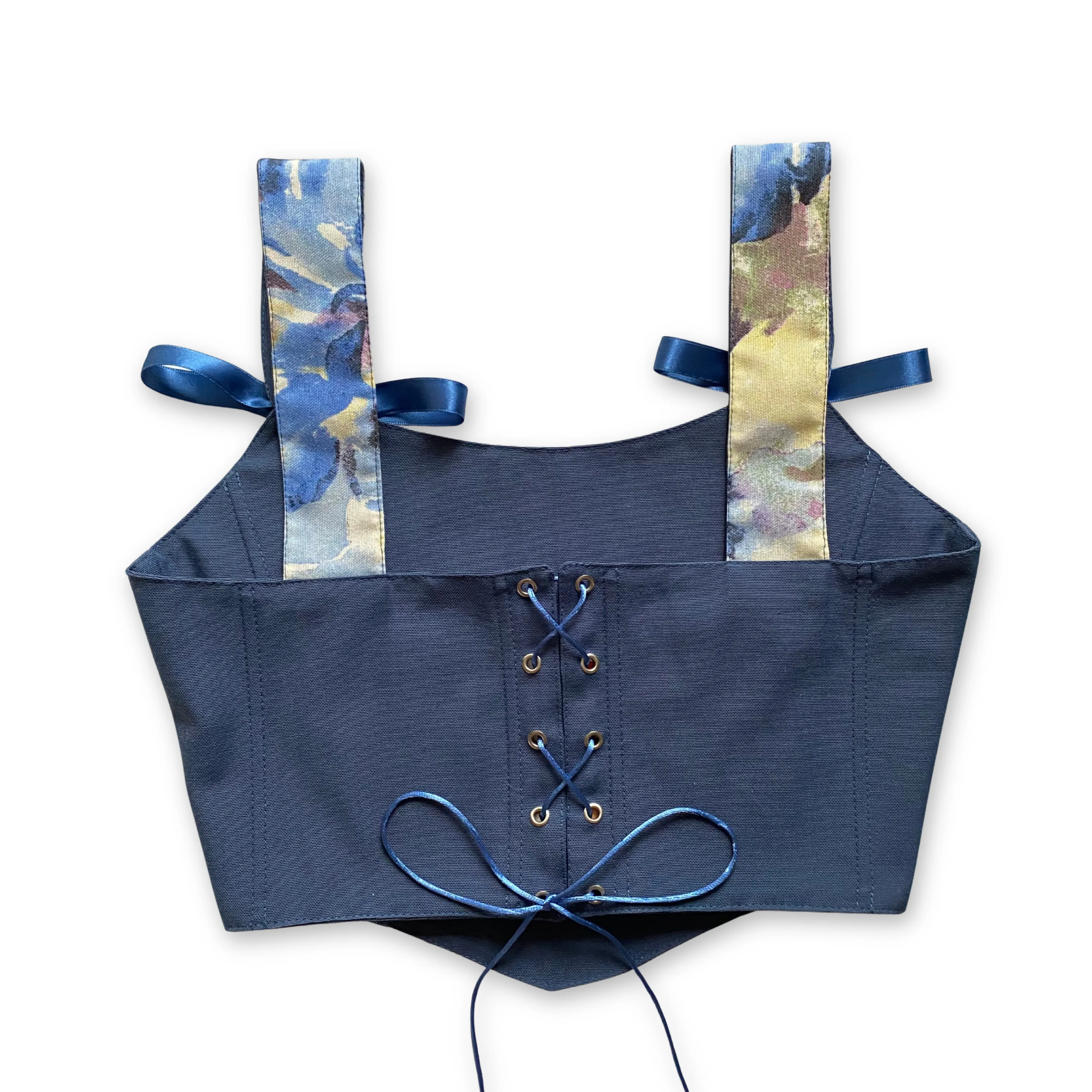 Mavi Çiçek Desenli Çift Taraflı Bayan Korse