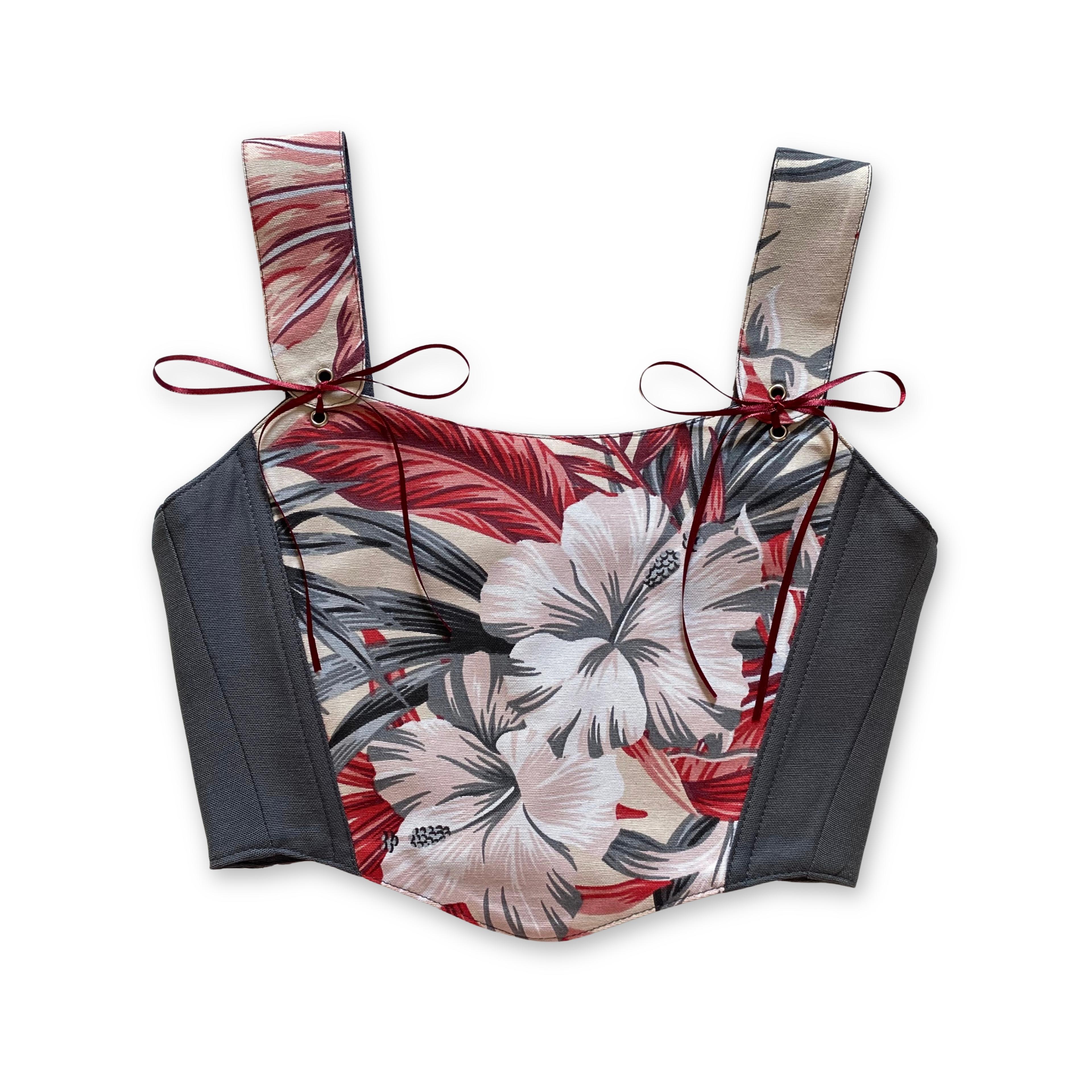 Hibisküs Çiçek Desenli Füme Bayan Korse